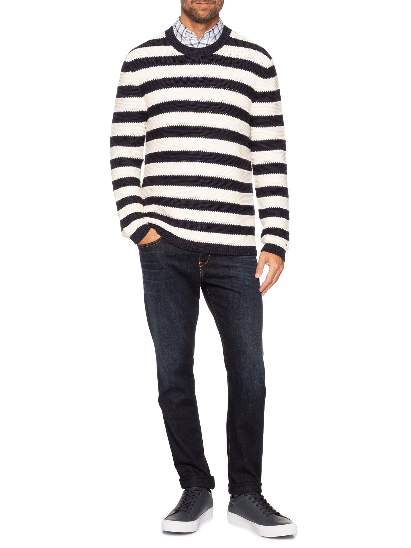 Suéter Masculino Relaxed Fit Crochet Block Listrado Azul Tommy Hilfiger