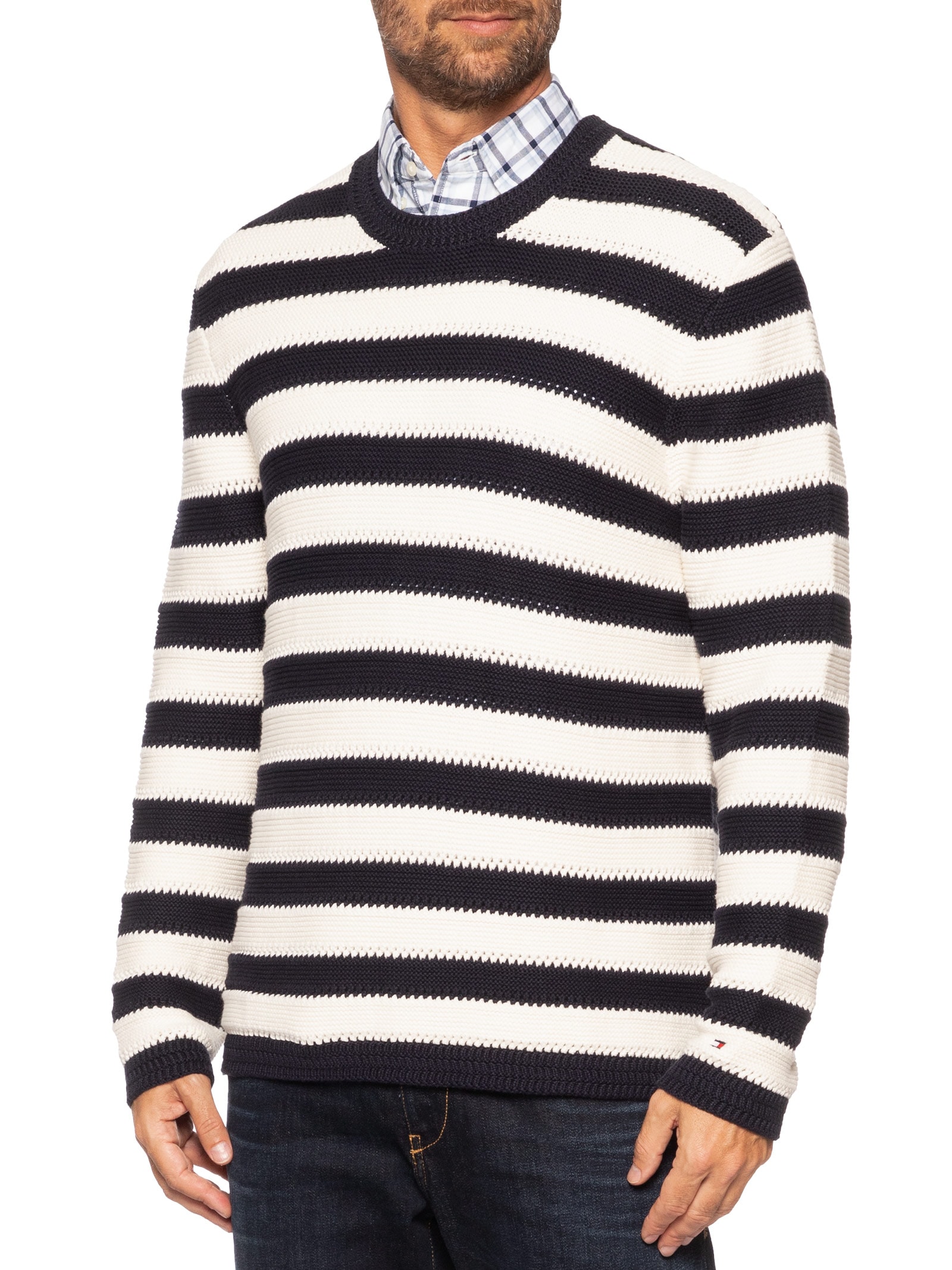 Suéter Masculino Relaxed Fit Crochet Block Listrado Azul Tommy Hilfiger
