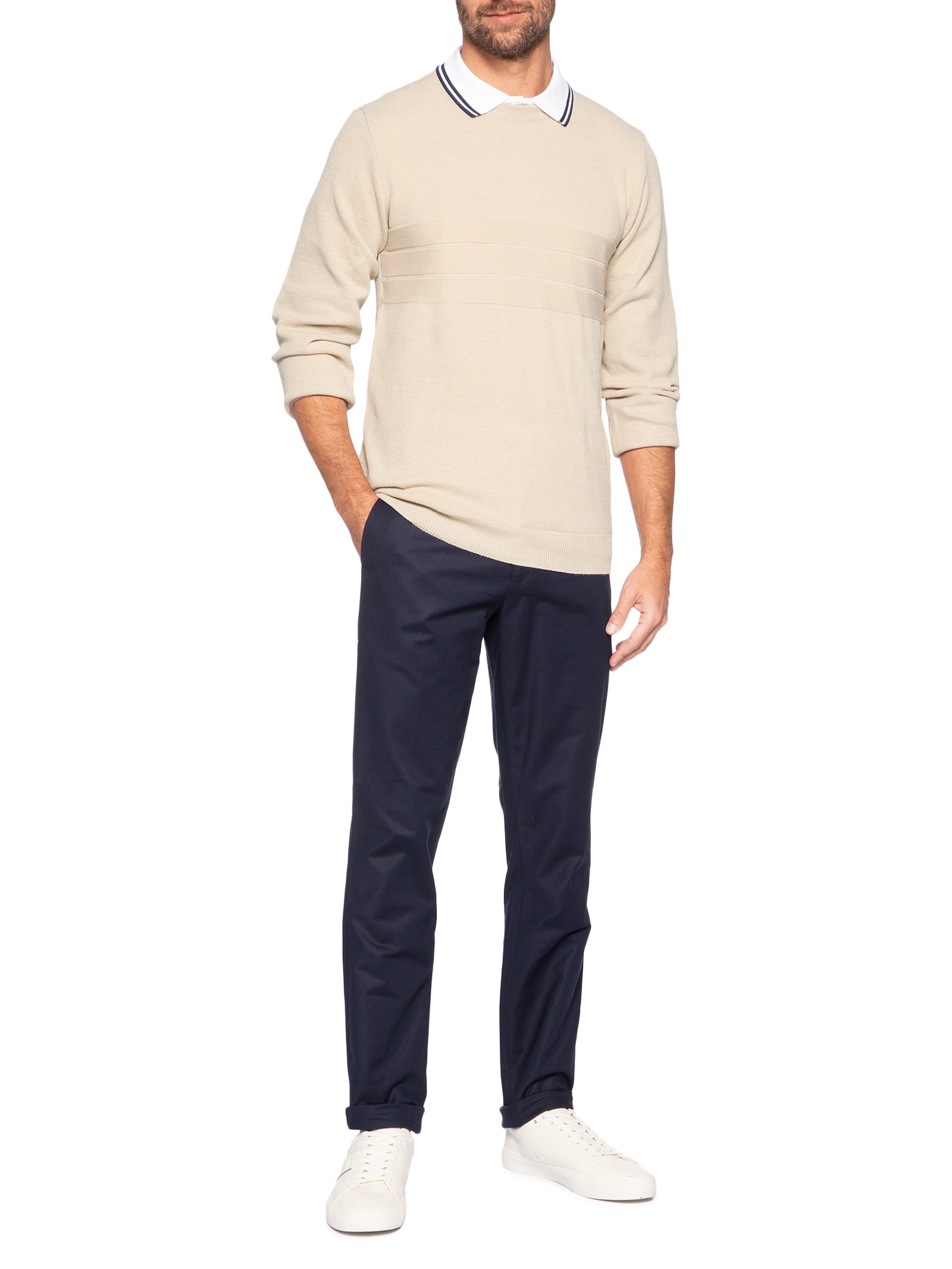 Suéter Masculino Textura Piquet Listra Horizontal Bege '2 Essential