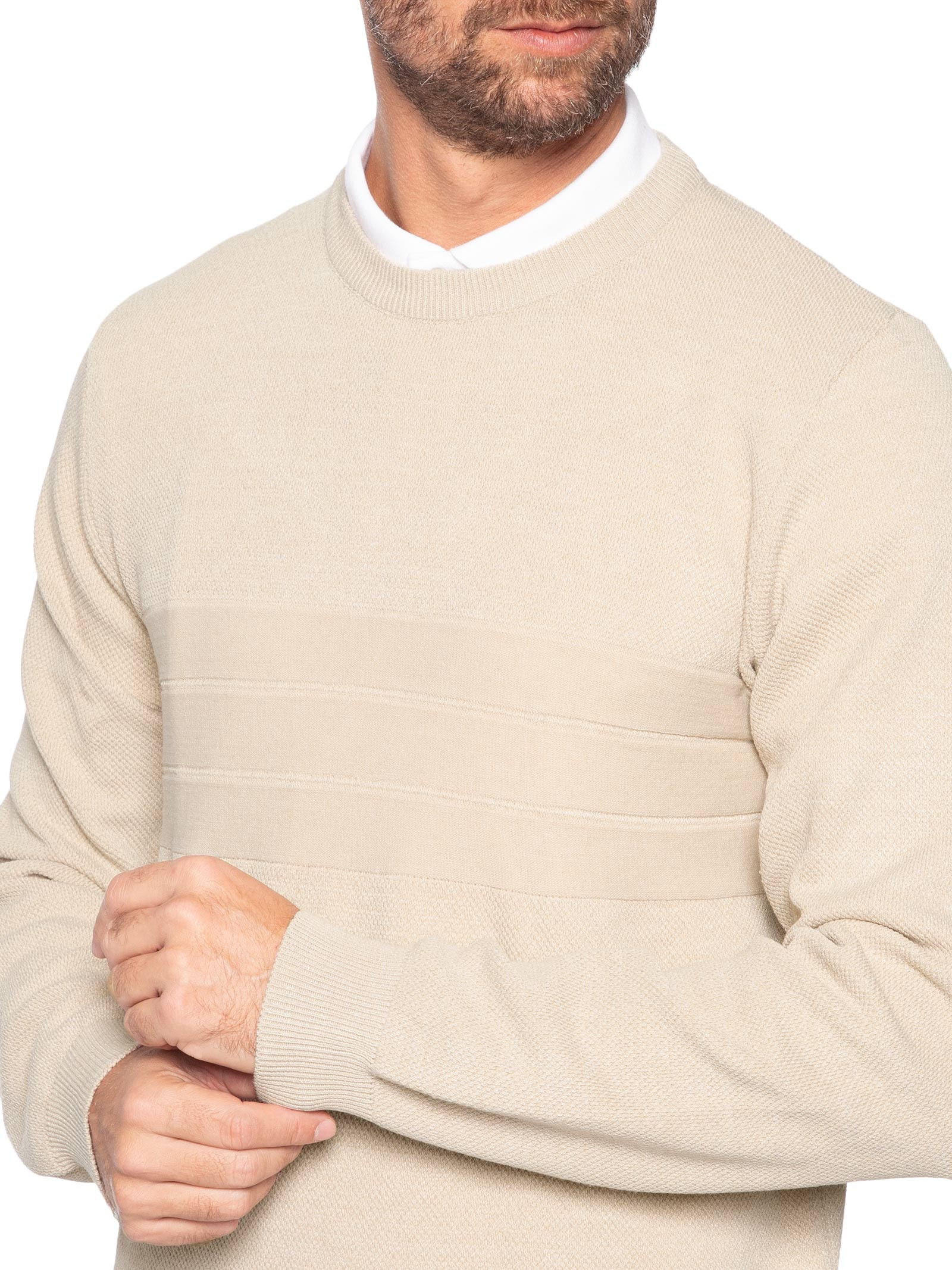 Suéter Masculino Textura Piquet Listra Horizontal Bege '2 Essential