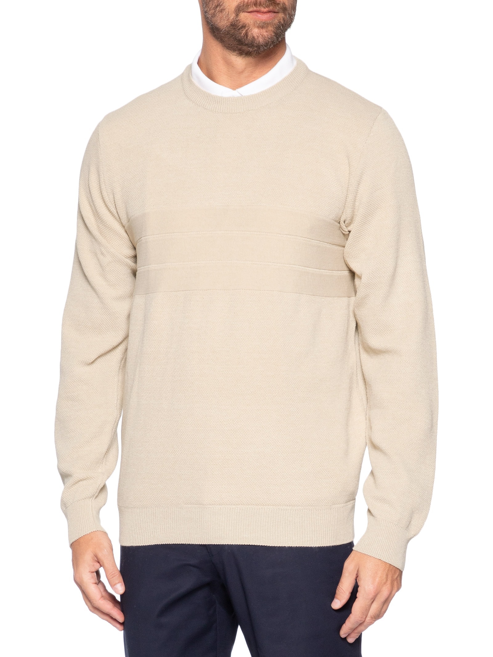Suéter Masculino Textura Piquet Listra Horizontal Bege '2 Essential