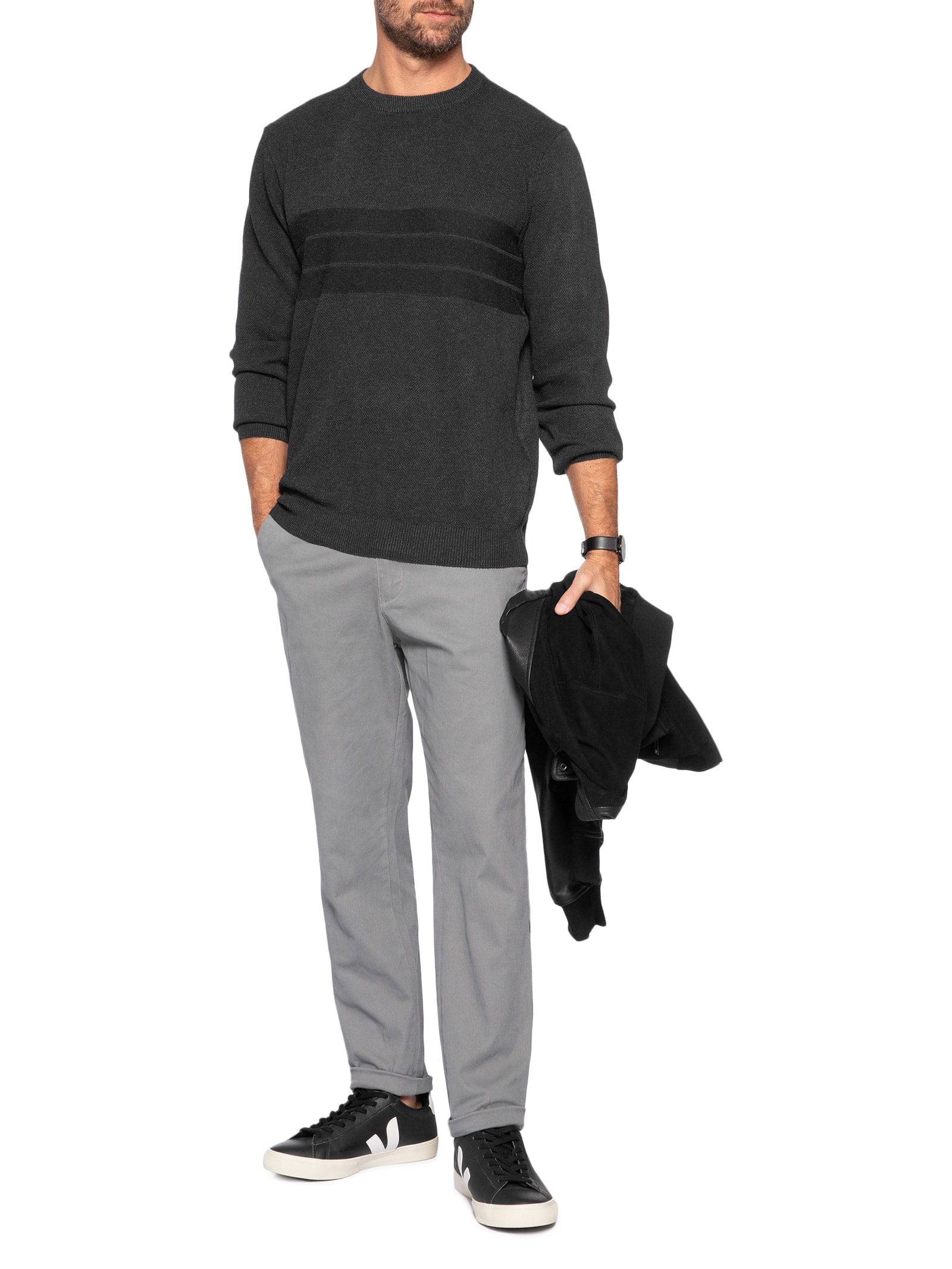 Suéter Masculino Textura Piquet Listra Horizontal Preto '2 Essential