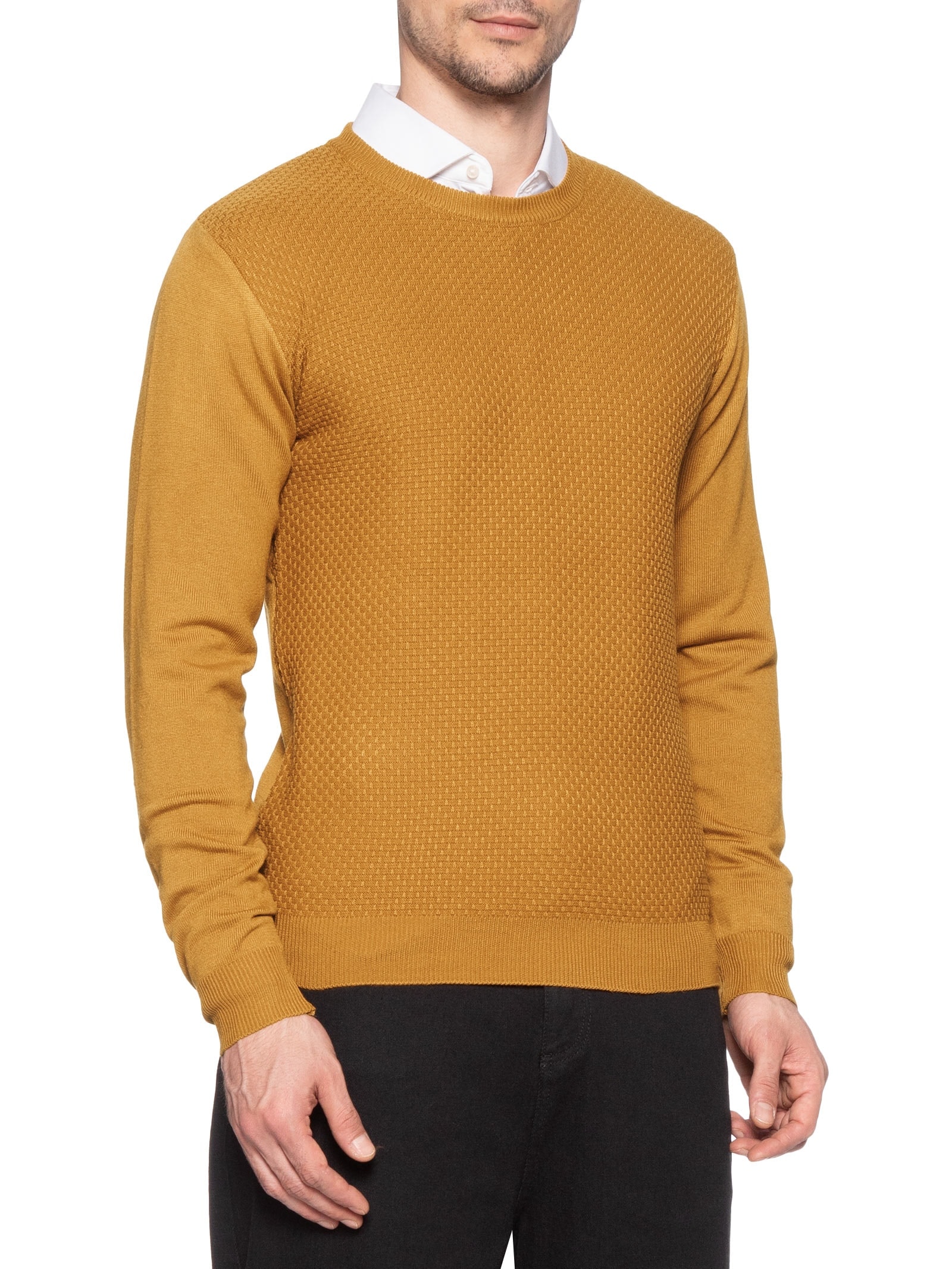Suéter Masculino Texturizado Gola Redonda Amarelo Basiq Men