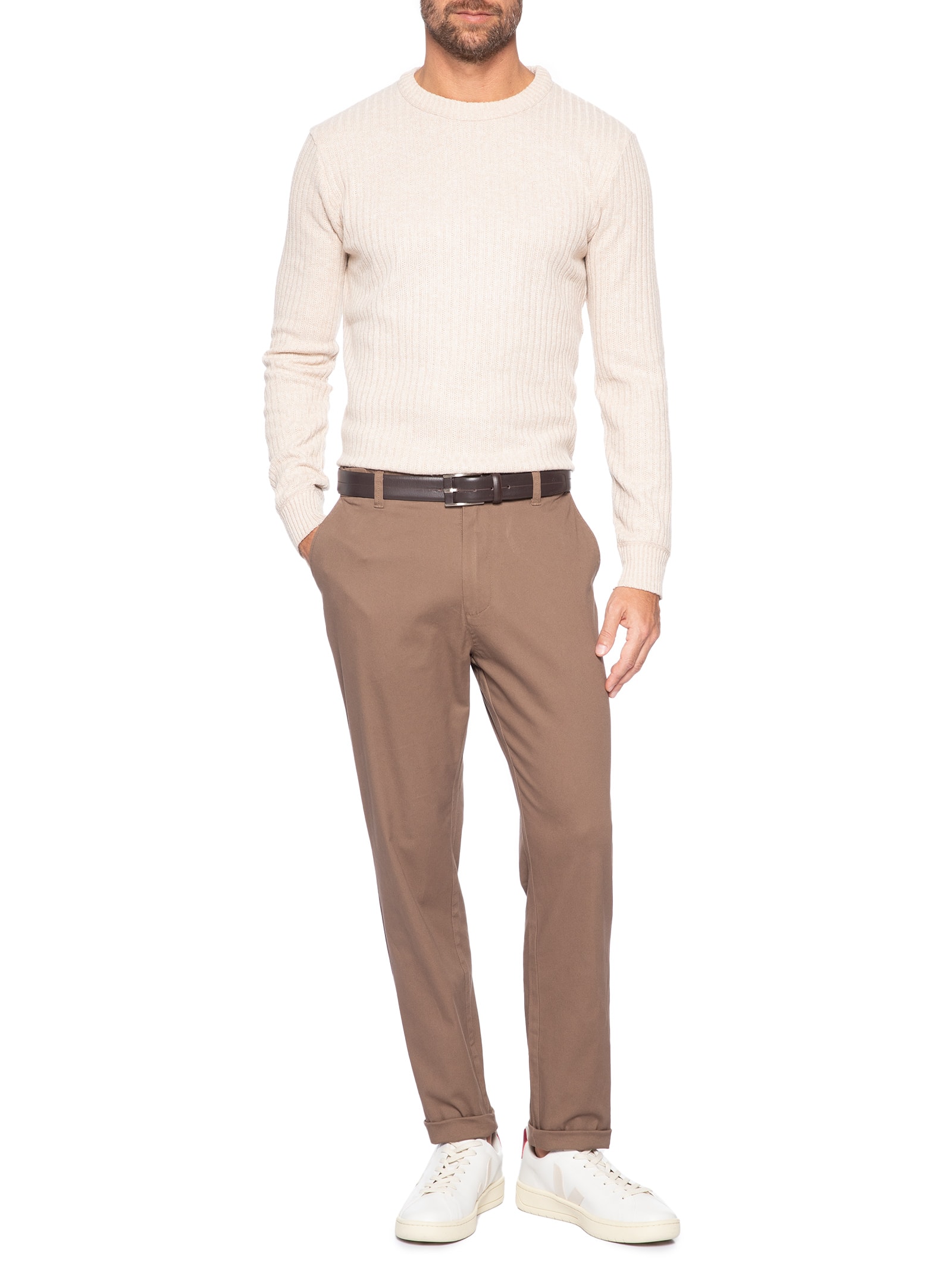 Suéter Masculino Texturizado Gola Redonda Bege '2 Essential
