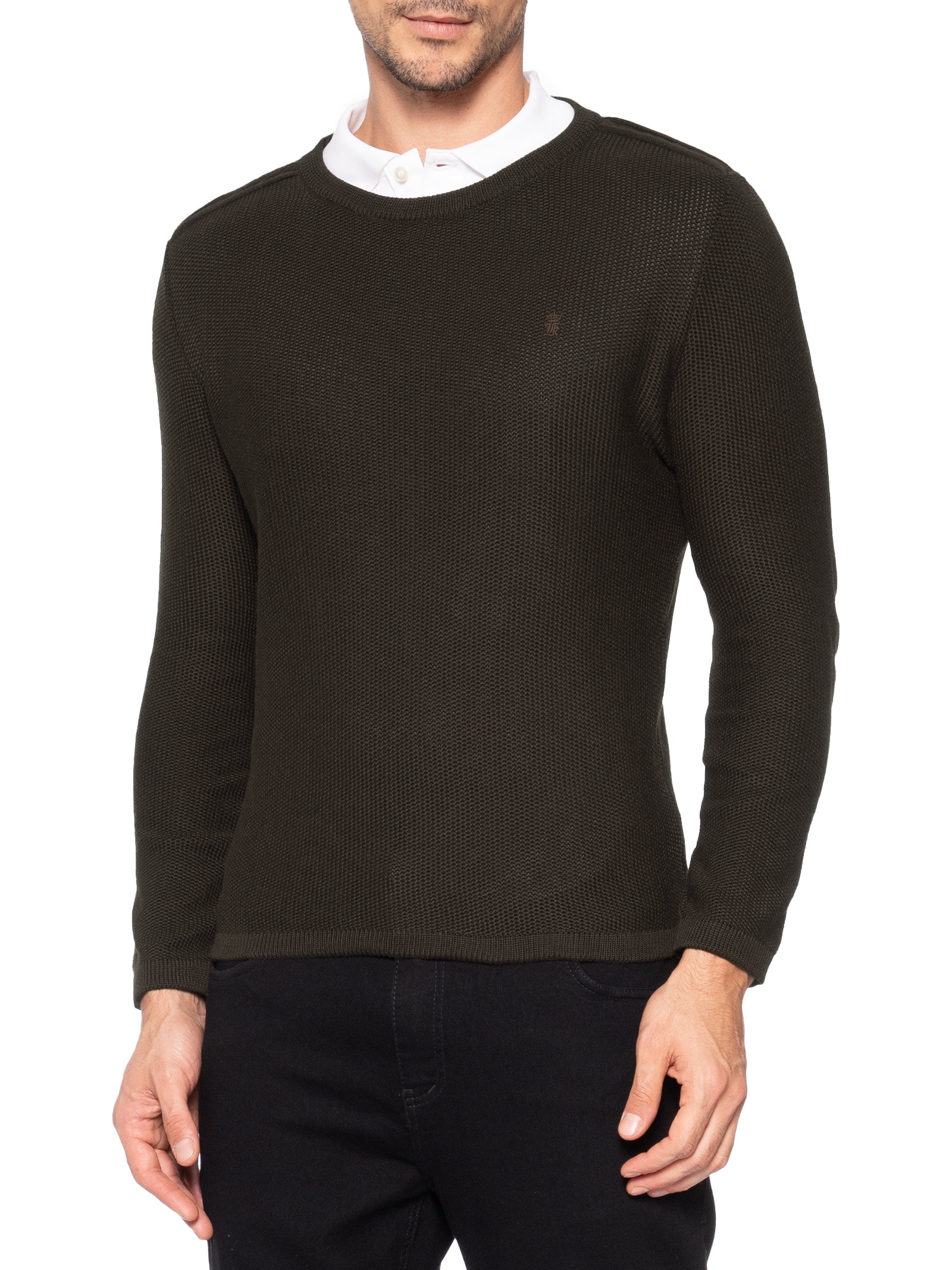 Suéter Masculino Tricot Detalhe Camurça Marrom Sergio K