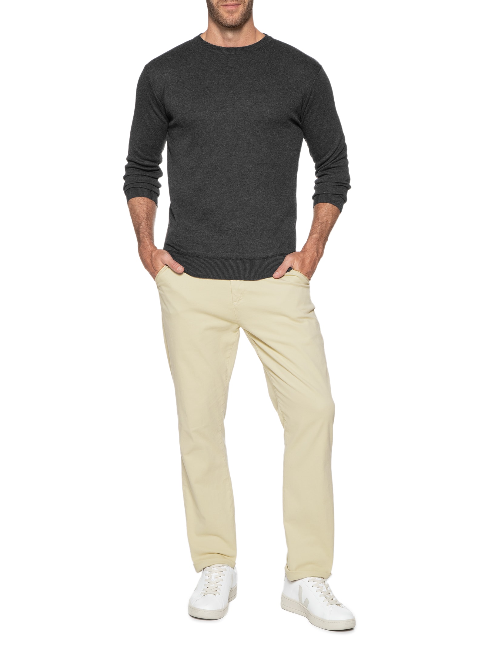 Suéter Masculino Tricot Gola Redonda Básico Cinza Basiq Men