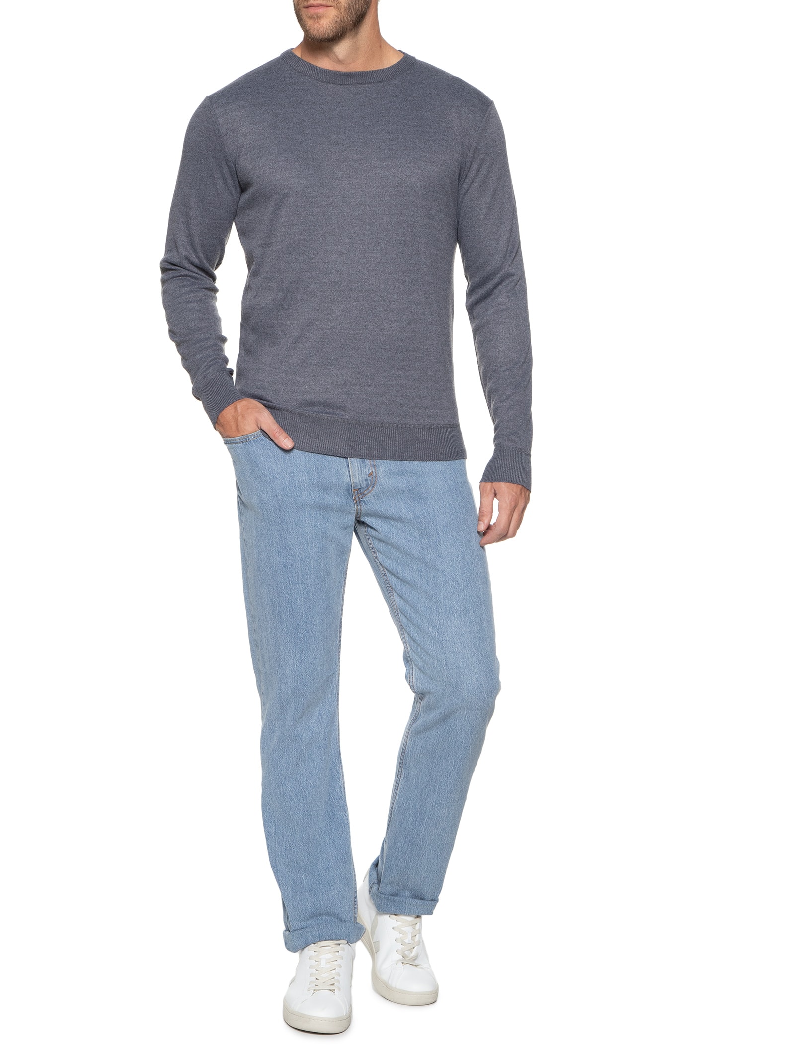 Suéter Masculino Tricot Gola Redonda Básico Cinza Basiq Men