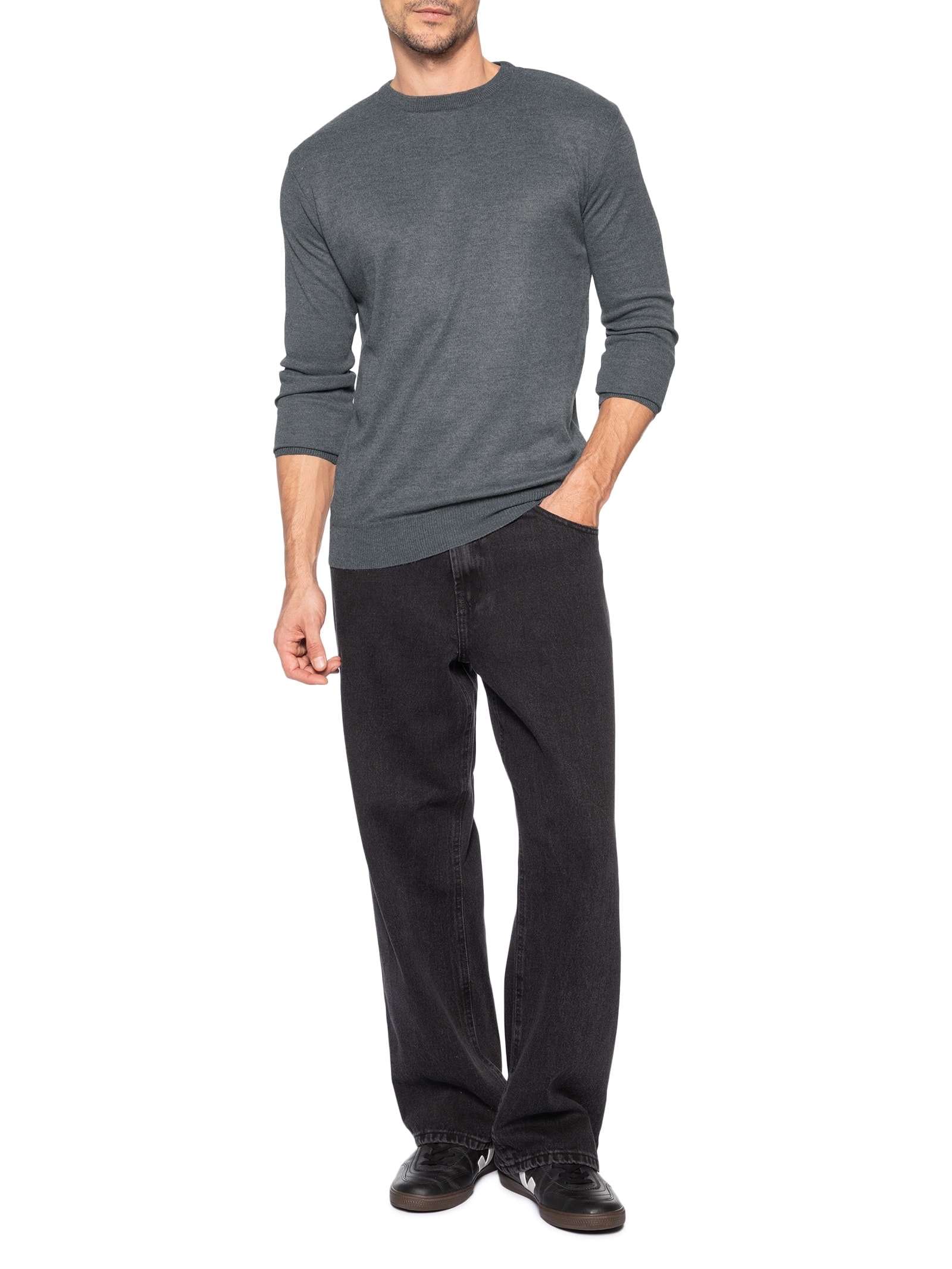 Suéter Masculino Tricot Gola Redonda Básico Cinza Basiq Men
