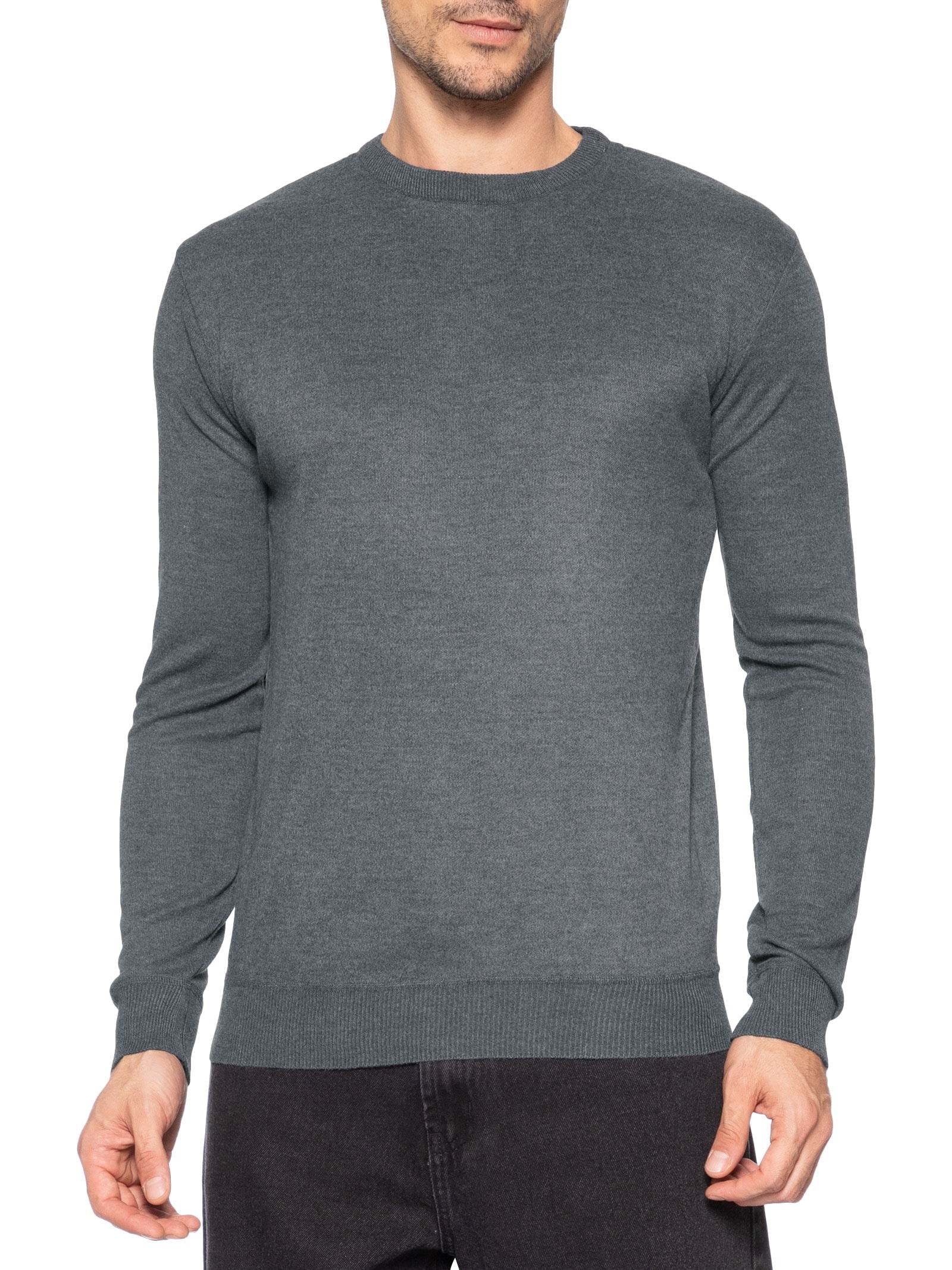 Suéter Masculino Tricot Gola Redonda Básico Cinza Basiq Men