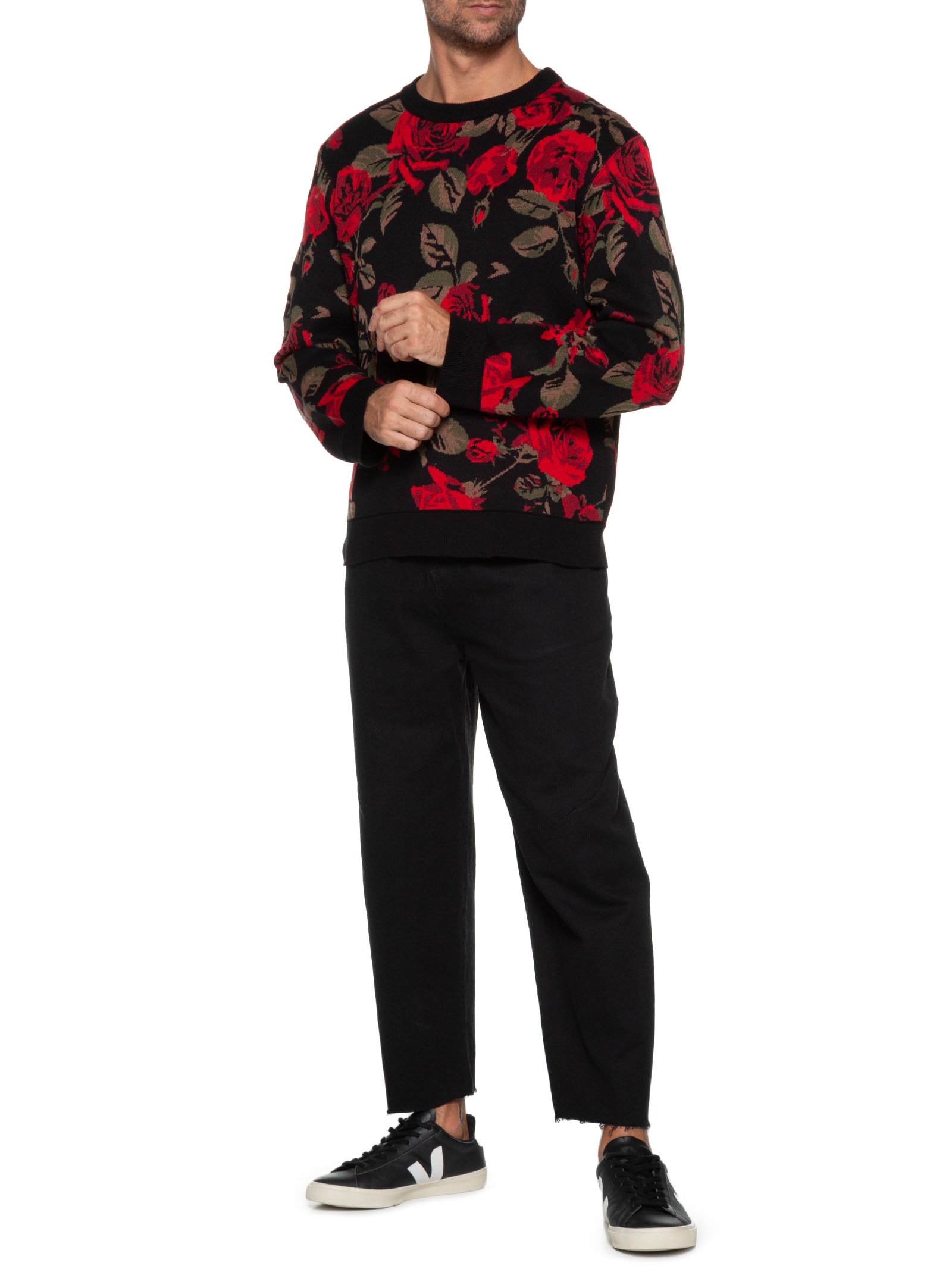 Osklen - Suéter Masculino Tricot Jacquard Vintage Rose - Vermelho