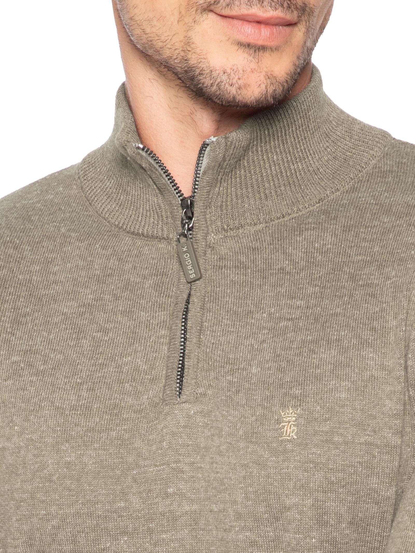 Suéter Masculino Tricot Liso Meio Zíper Marrom Sergio K