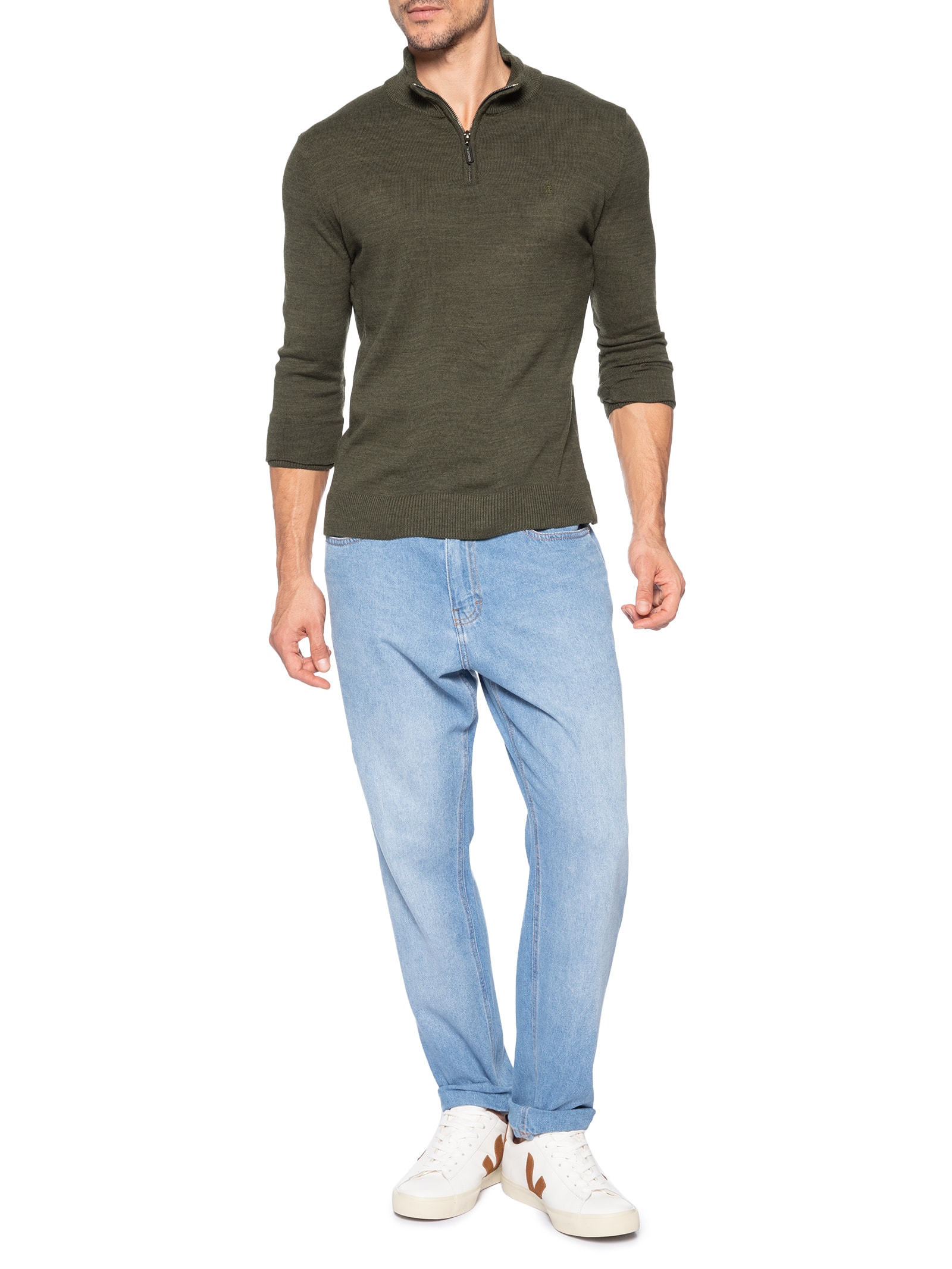 Suéter Masculino Tricot Liso Meio Zíper Verde Sergio K