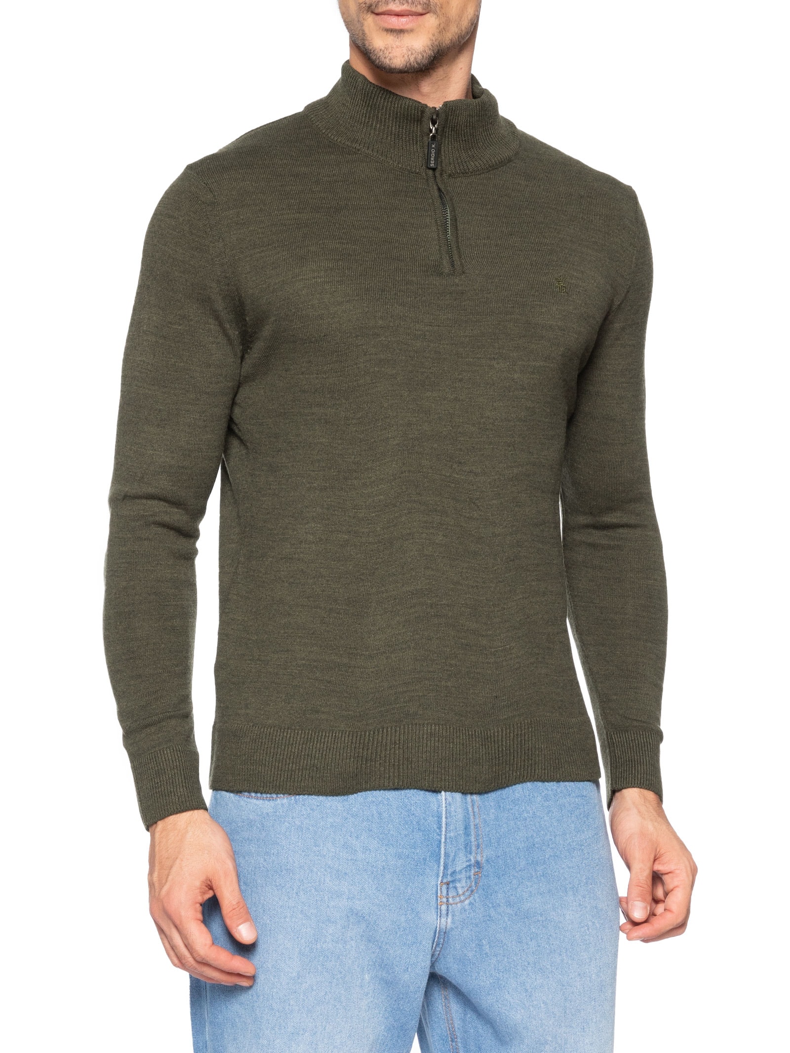 Suéter Masculino Tricot Liso Meio Zíper Verde Sergio K