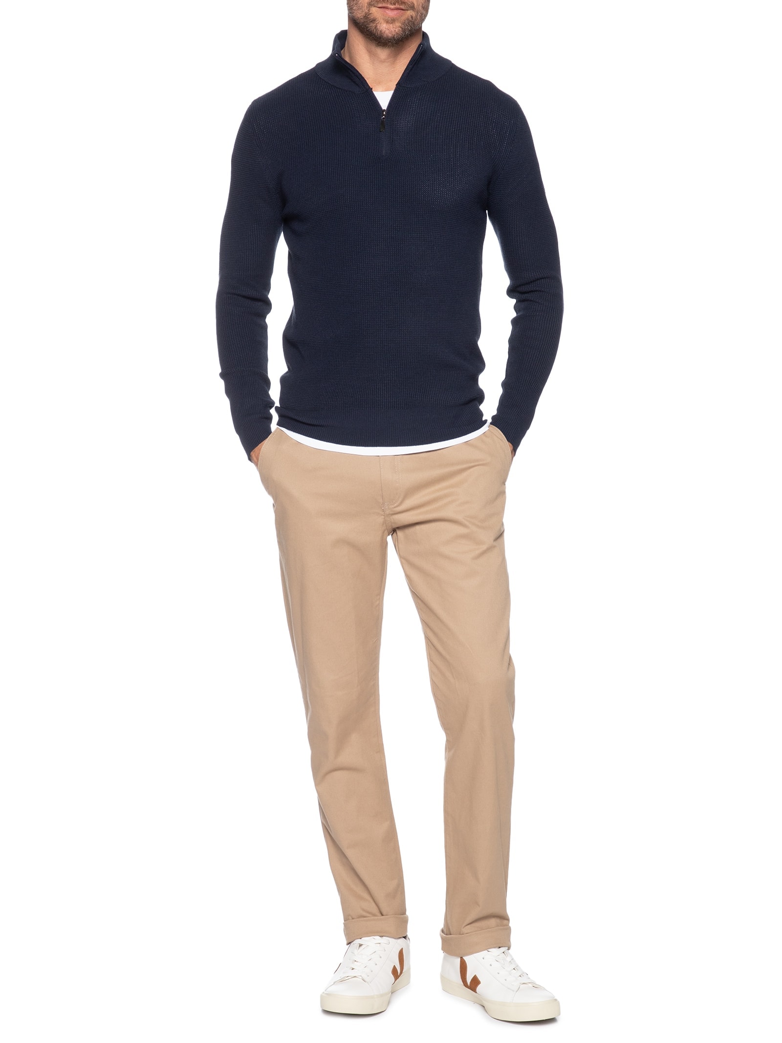Suéter Masculino Tricot Meio Zíper Texturizado Azul Basiq Men