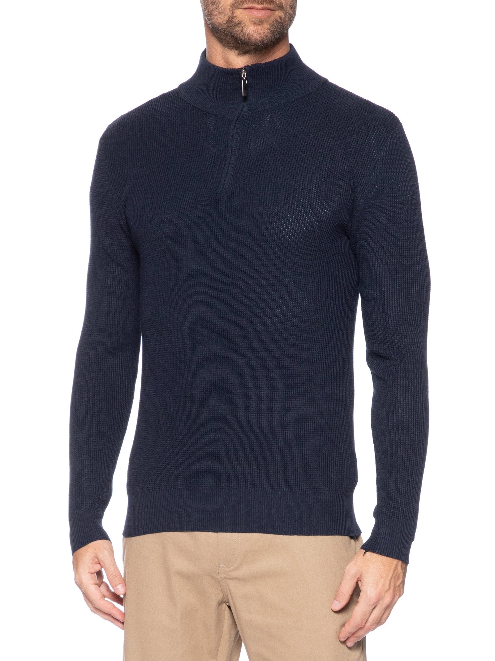 Suéter Masculino Tricot Meio Zíper Texturizado Azul Basiq Men
