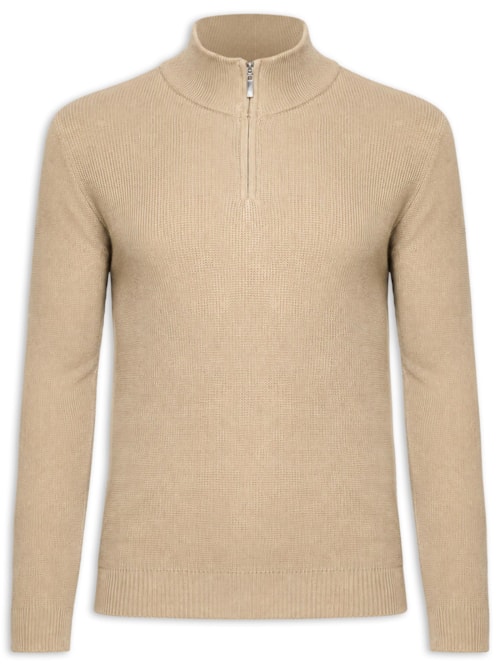 Suéter Masculino Tricot Meio Zíper Texturizado – Bege