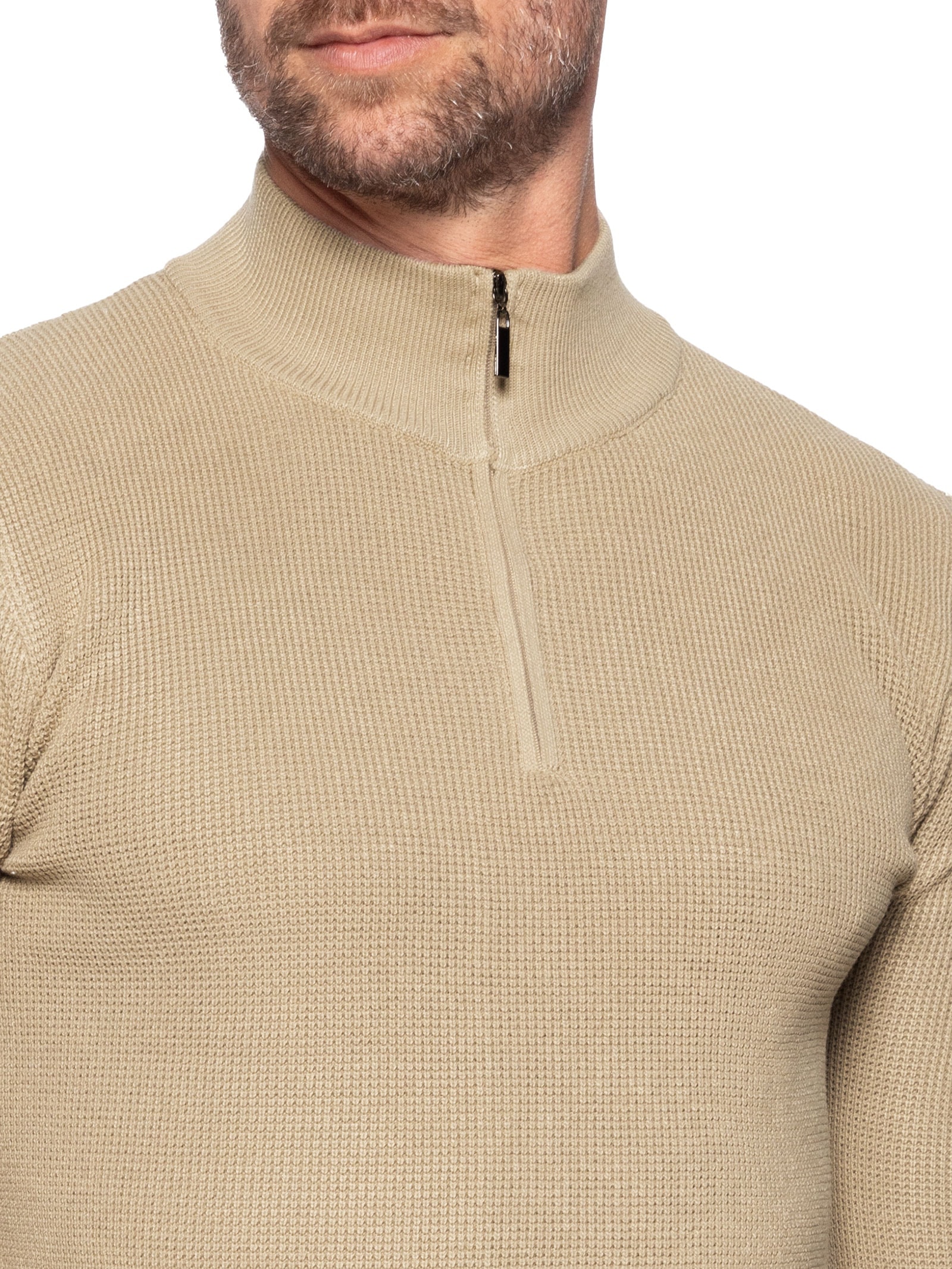 Suéter Masculino Tricot Meio Zíper Texturizado Bege Basiq Men