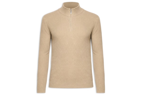 Suéter Masculino Tricot Meio Zíper Texturizado - Bege