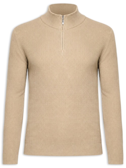 Suéter Masculino Tricot Meio Zíper Texturizado - Bege