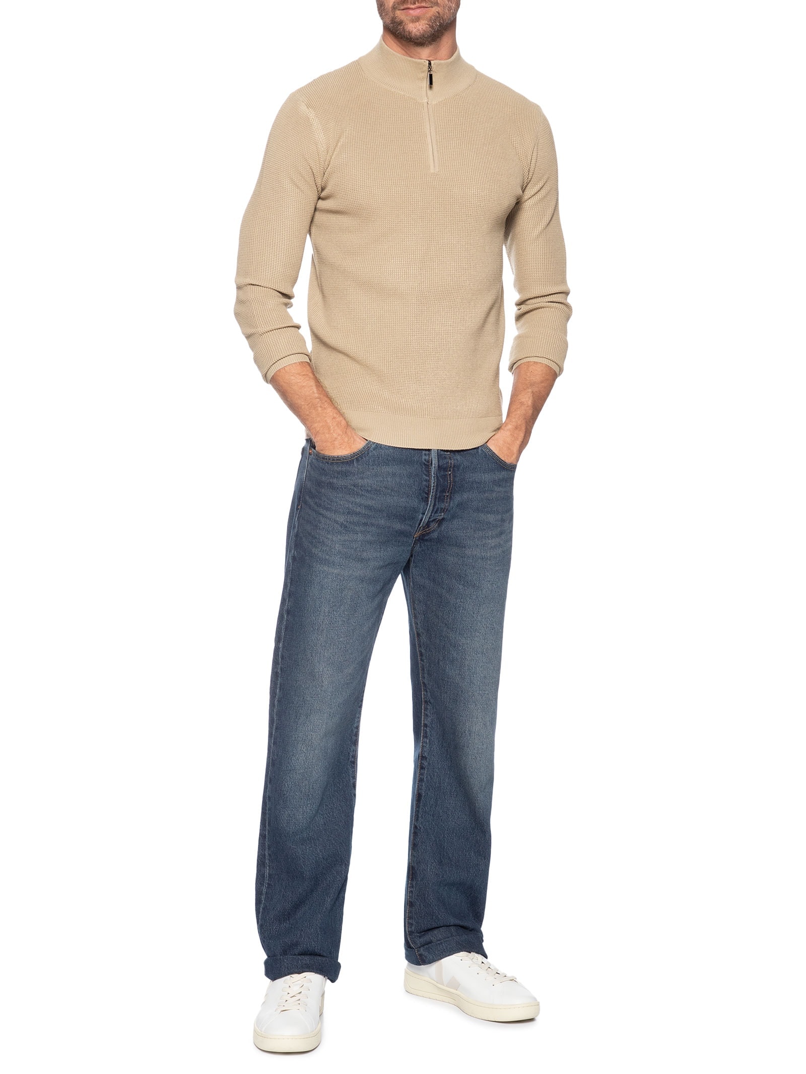 Suéter Masculino Tricot Meio Zíper Texturizado Bege Basiq Men