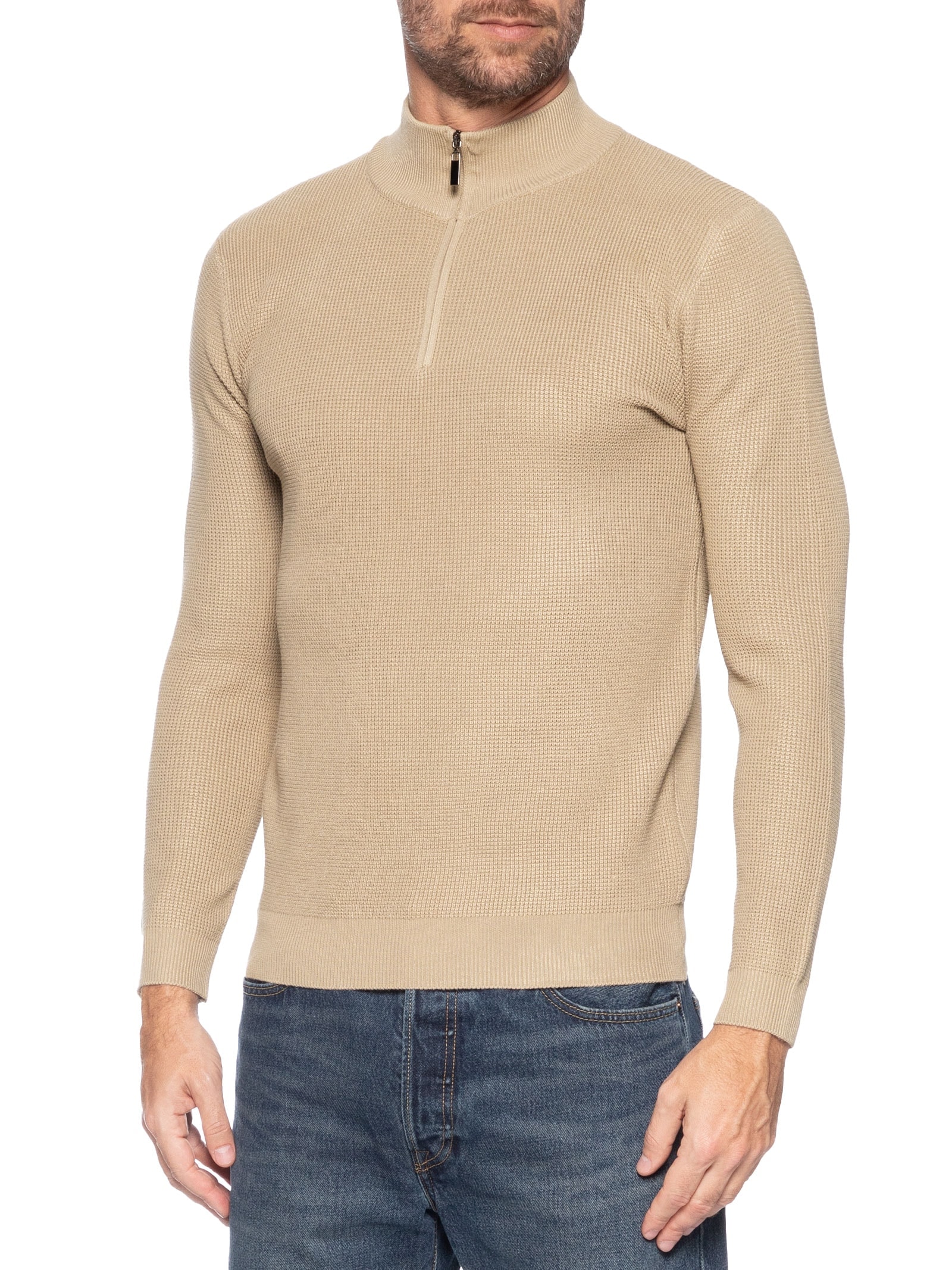 Suéter Masculino Tricot Meio Zíper Texturizado Bege Basiq Men