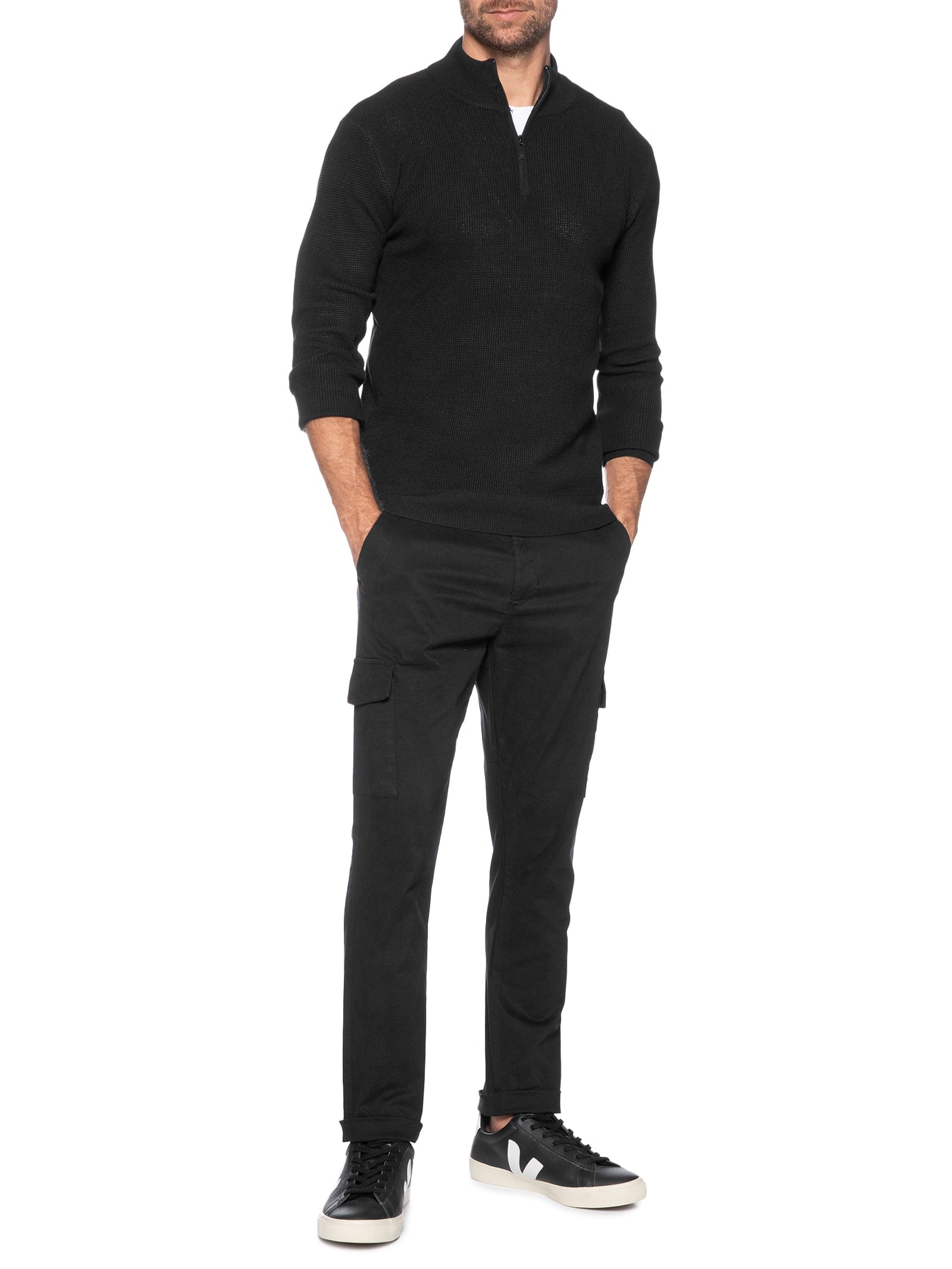 Suéter Masculino Tricot Meio Zíper Texturizado Preto Basiq Men