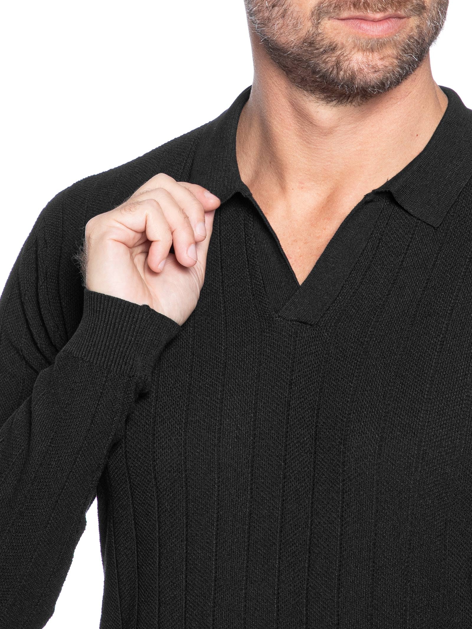 Suéter Masculino Tricot Polo Com Textura Preto '2 Essential