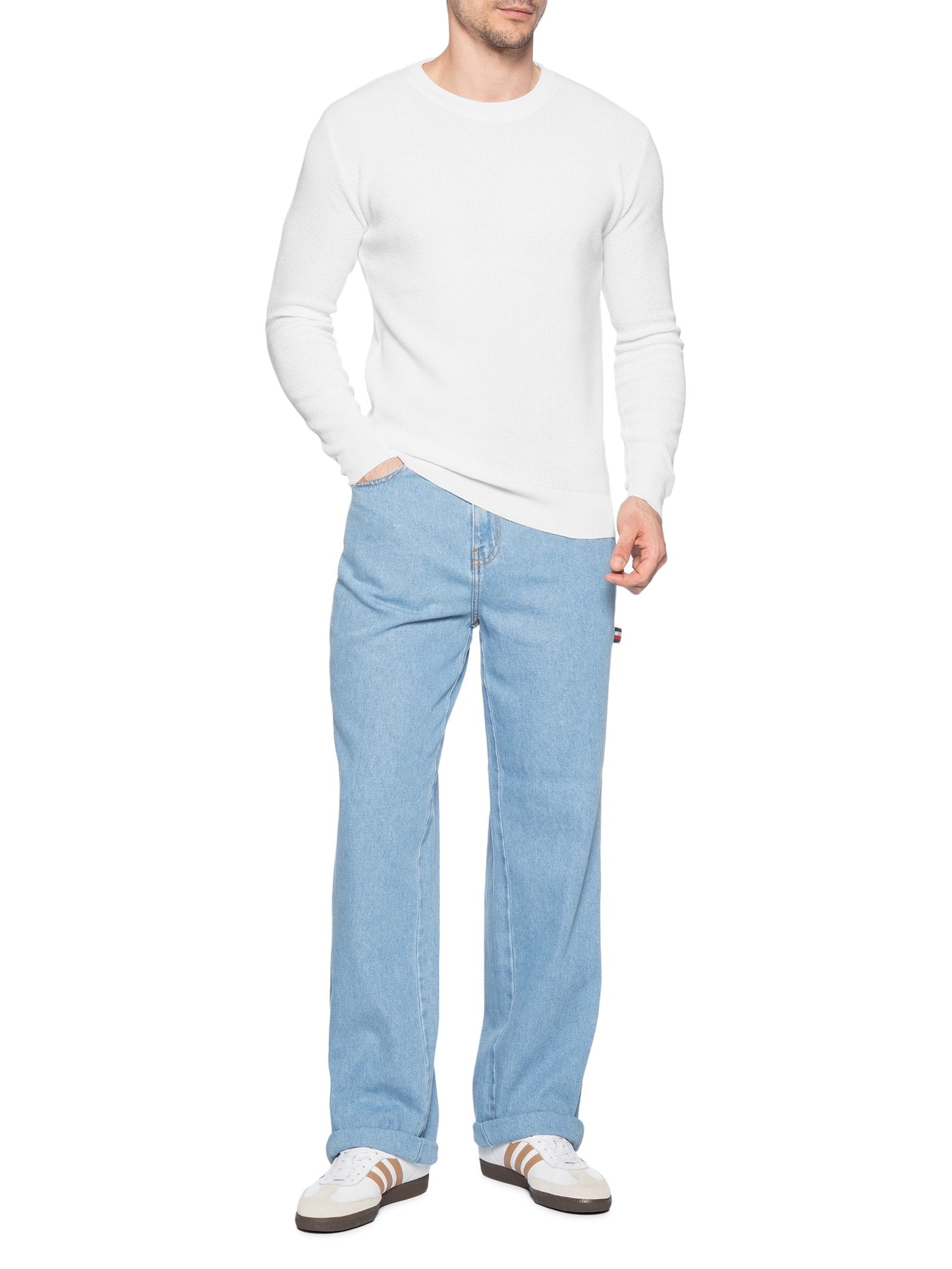 Suéter Masculino Tricot Texturizado Gola Redonda Branco Basiq Men