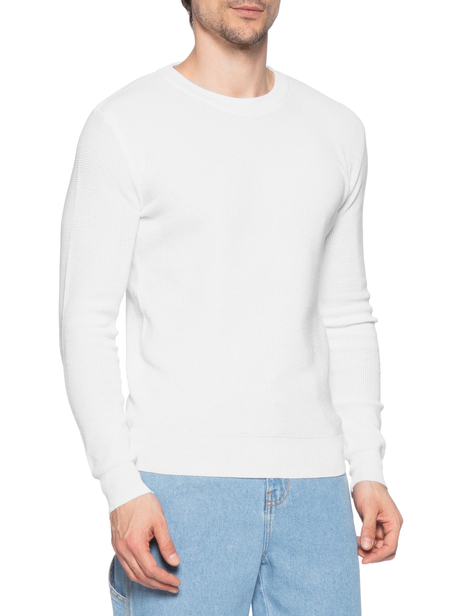 Suéter Masculino Tricot Texturizado Gola Redonda Branco Basiq Men