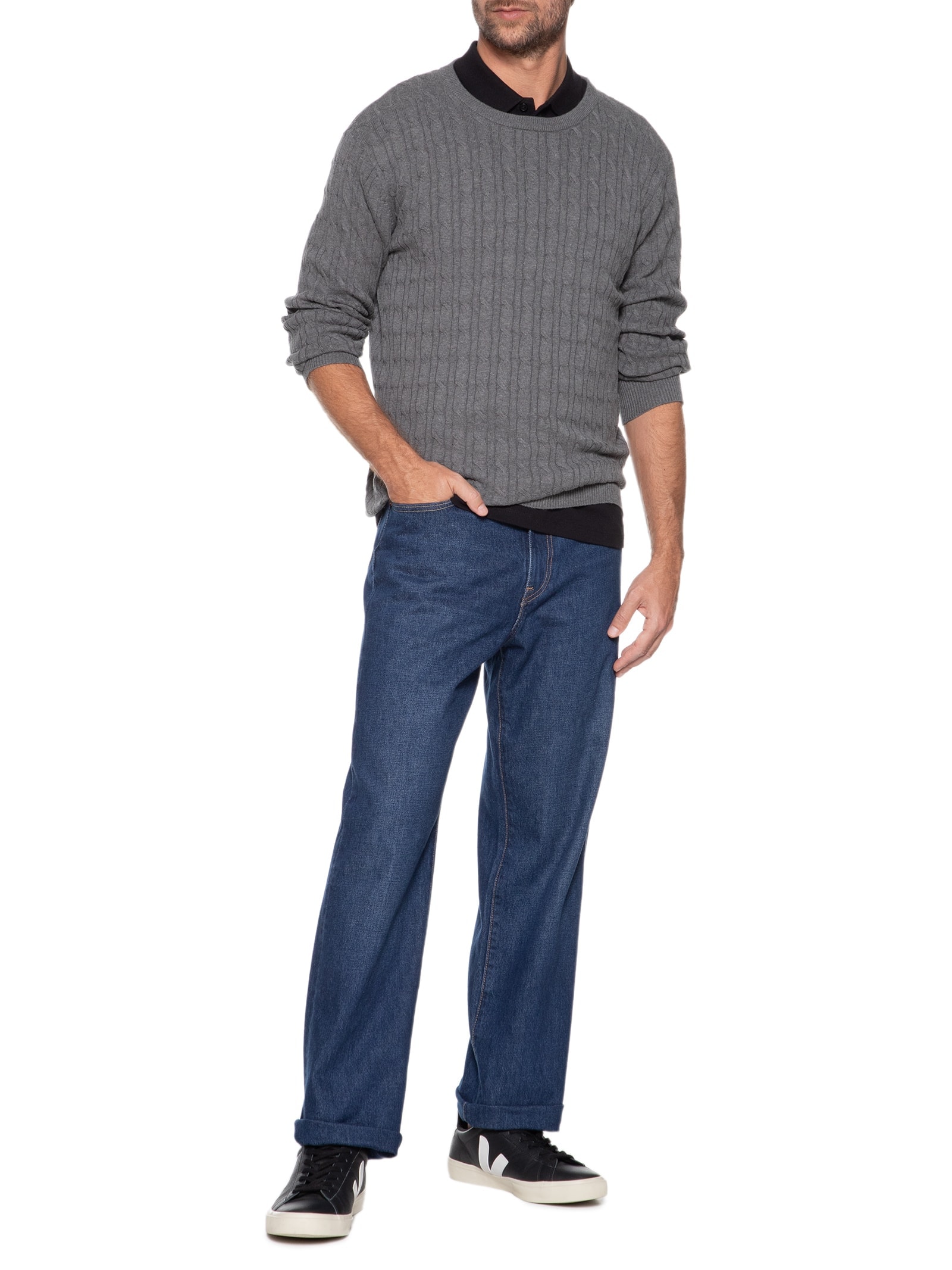 Suéter Masculino Tricot Trançado Cinza Hering