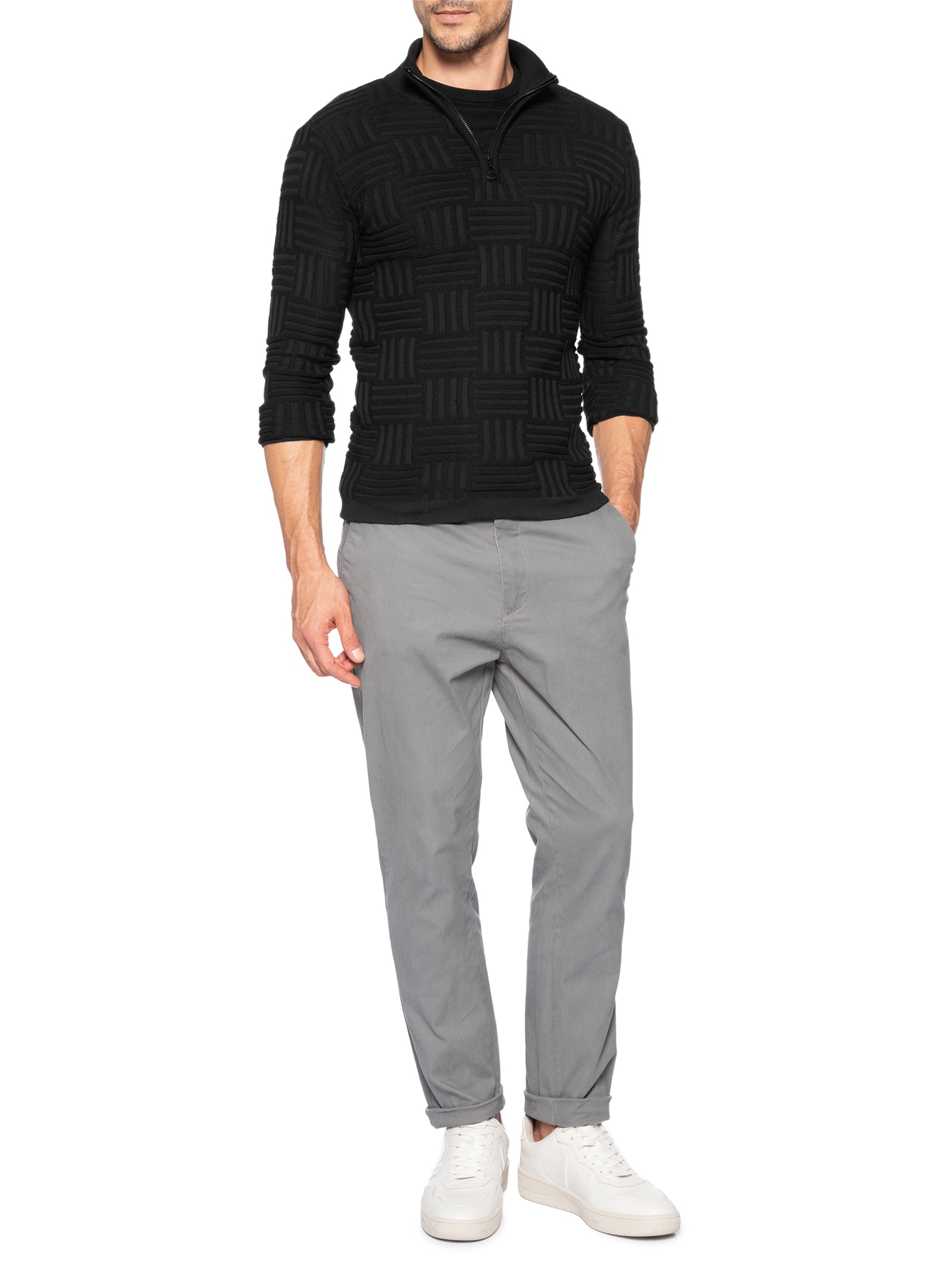 Suéter Masculino Tricot Tresse Meio Zíper Preto Sergio K