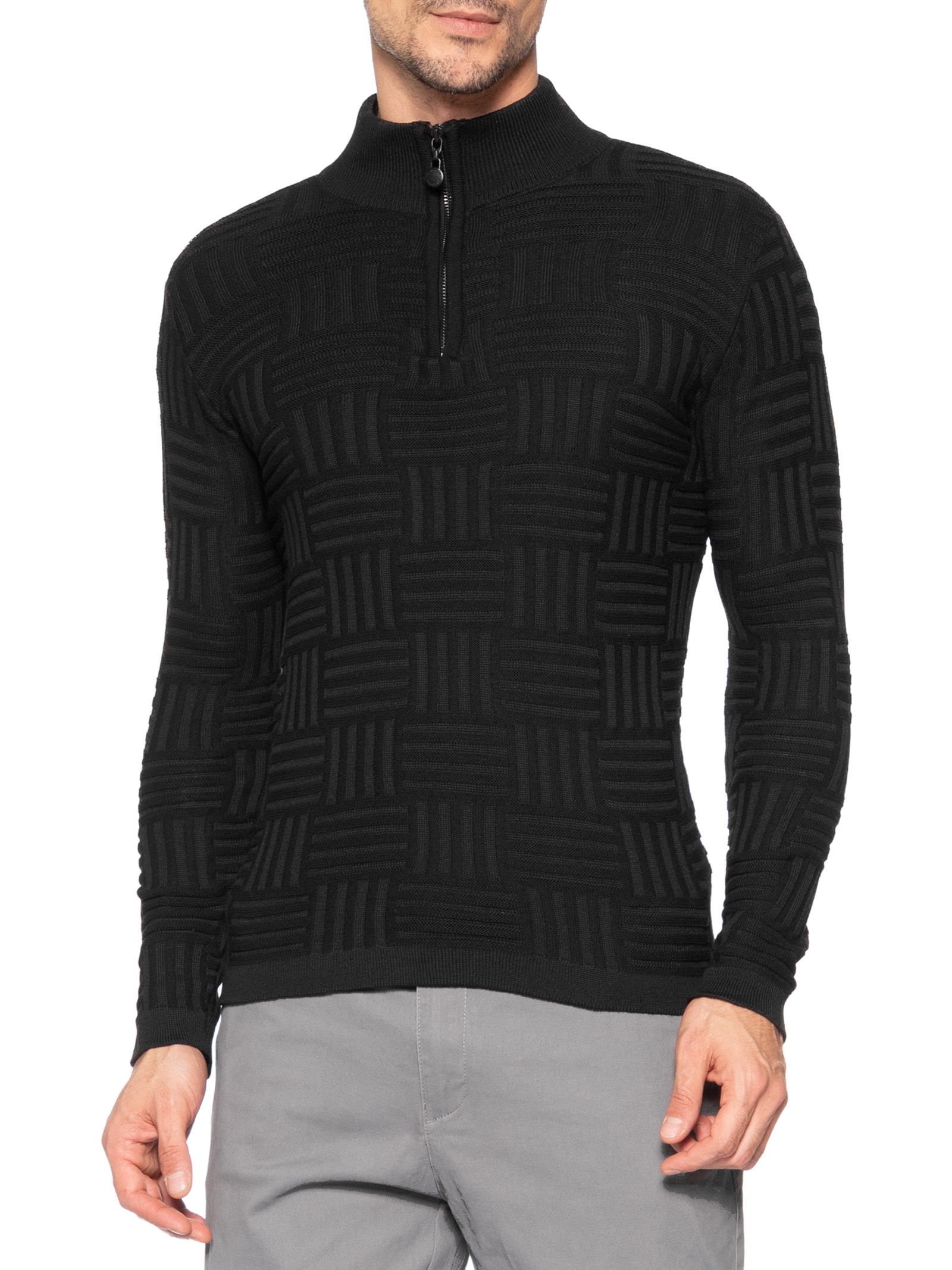 Suéter Masculino Tricot Tresse Meio Zíper Preto Sergio K