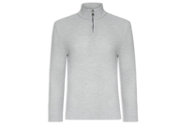 Suéter Masculino Tricot Waffle Meio Zíper - Cinza