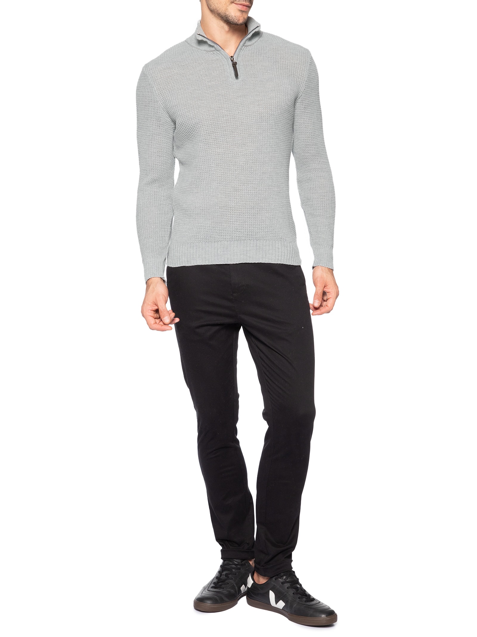Suéter Masculino Tricot Waffle Meio Zíper Cinza Sergio K