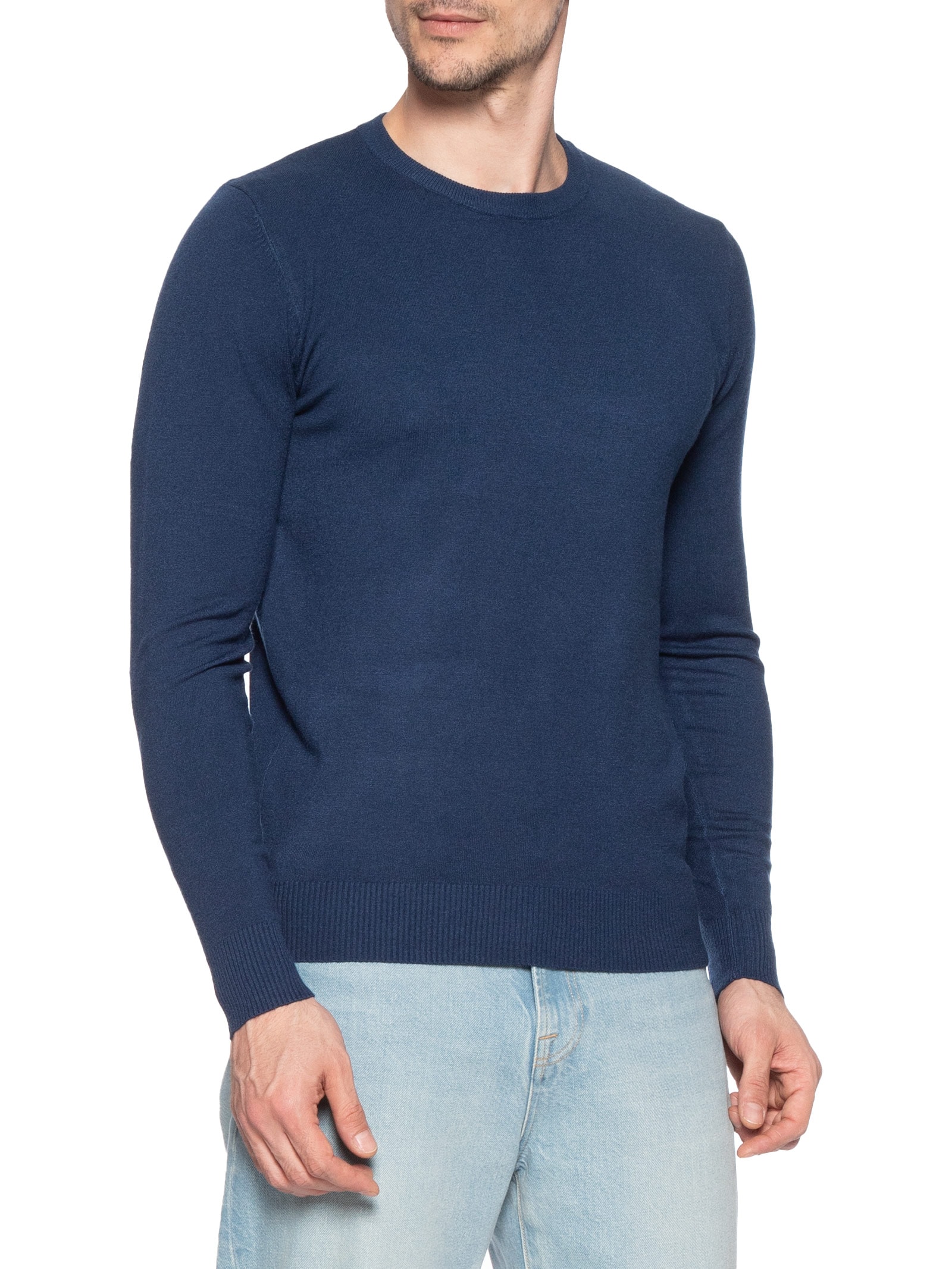 Suéter Tricot Masculino Básico Gola Redonda Azul Basiq Men