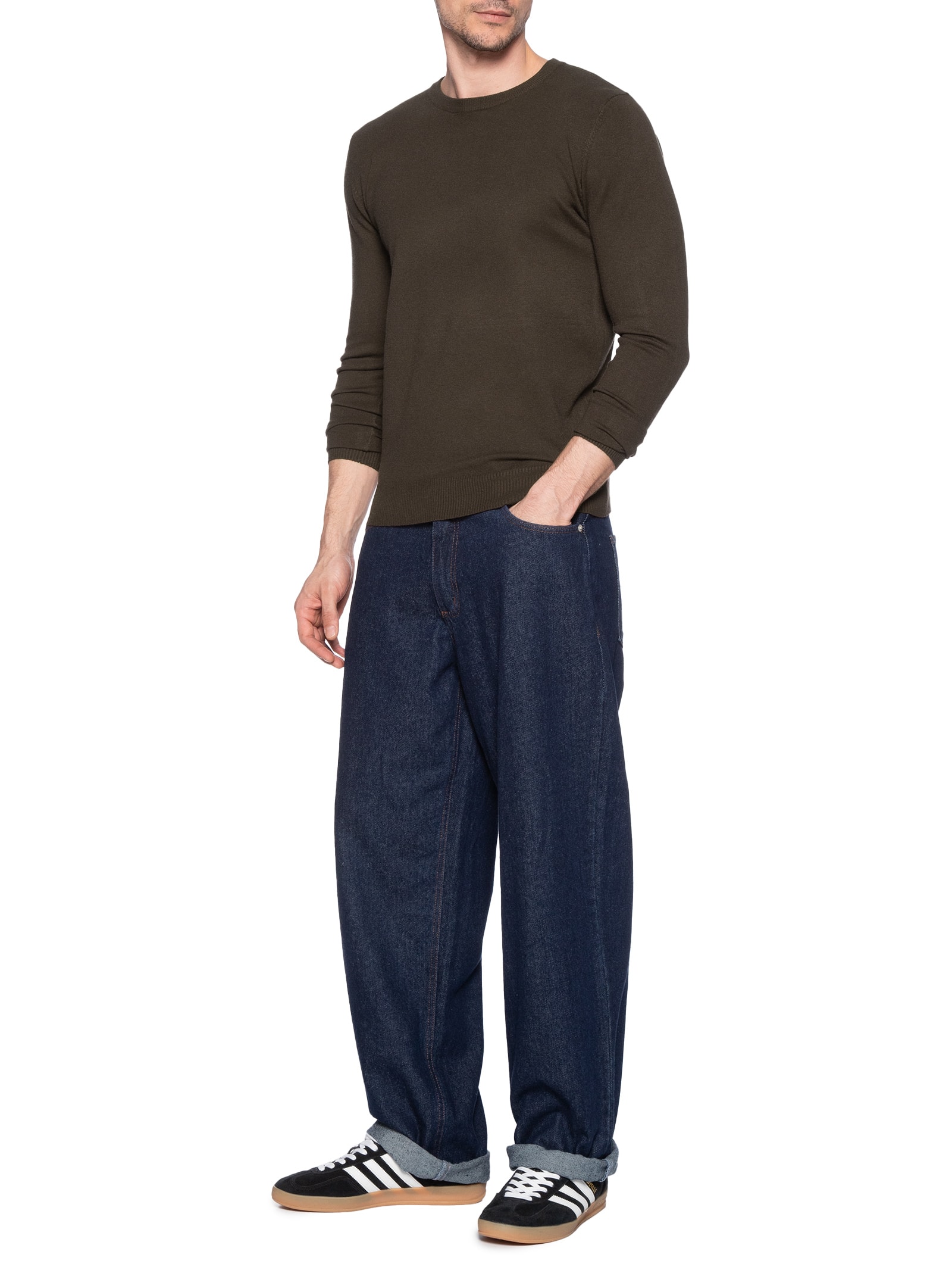 Suéter Tricot Masculino Básico Gola Redonda Bege Basiq Men