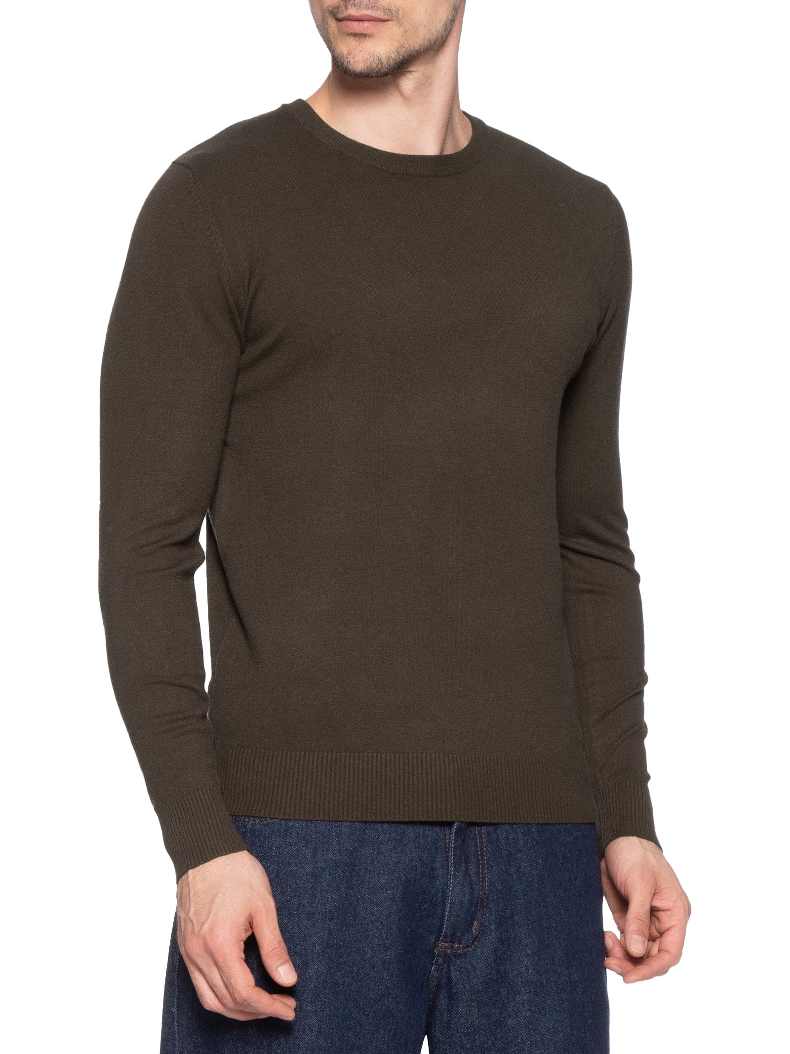 Suéter Tricot Masculino Básico Gola Redonda Bege Basiq Men