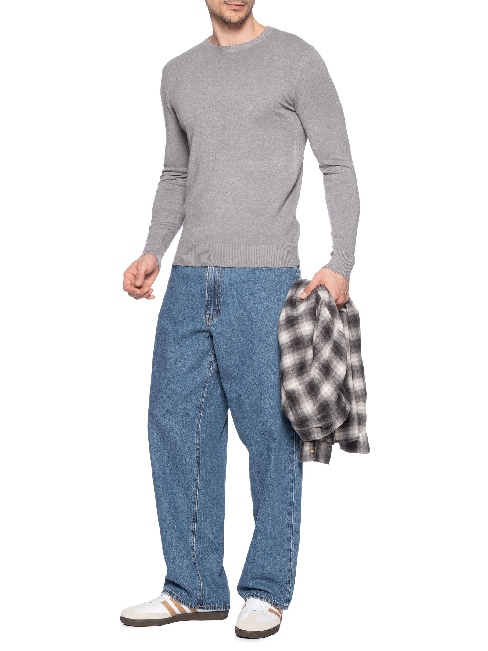 Suéter Tricot Masculino Básico Gola Redonda Cinza Basiq Men