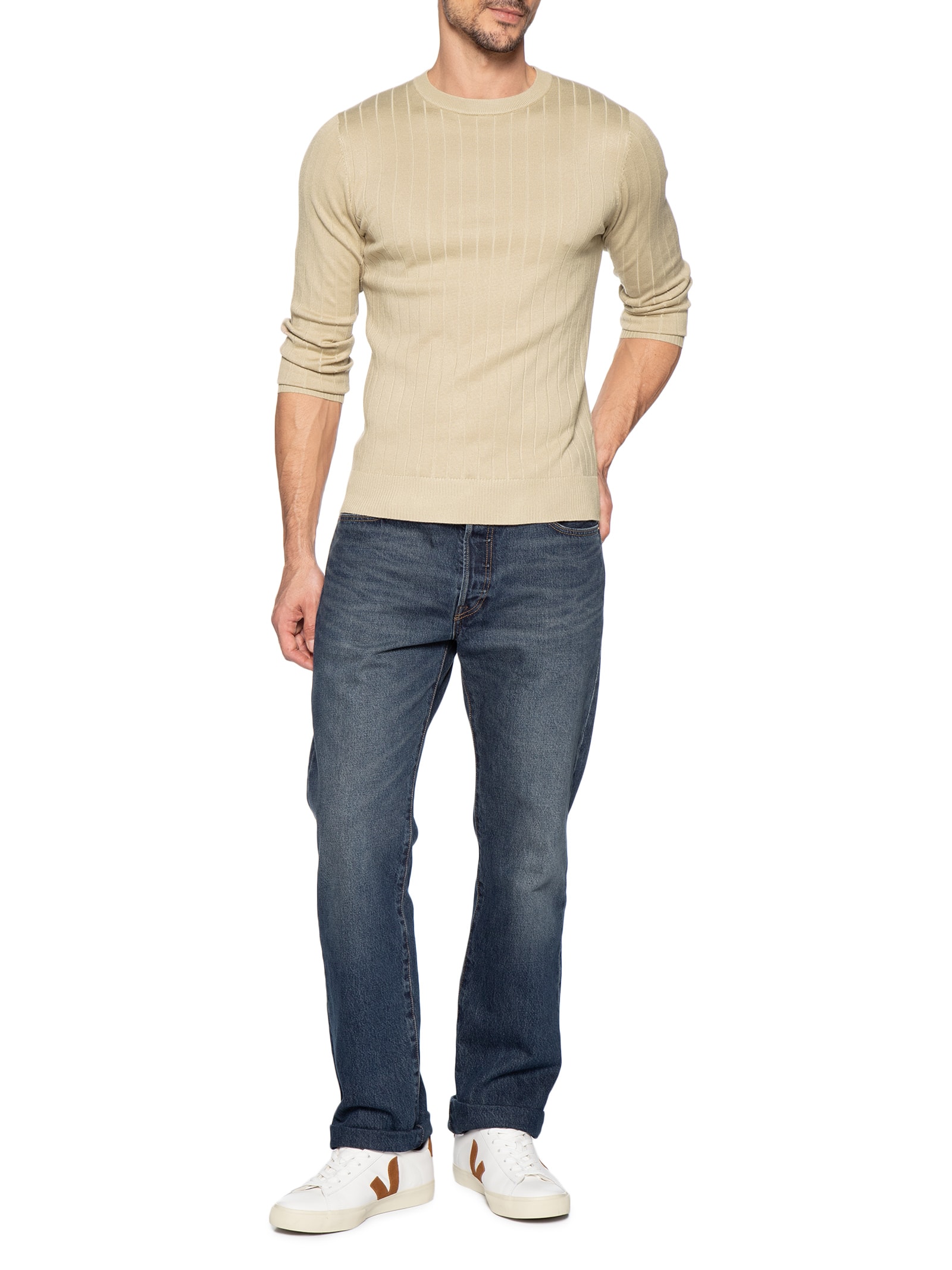 Suéter Tricot Masculino Com Textura Bege Basiq Men