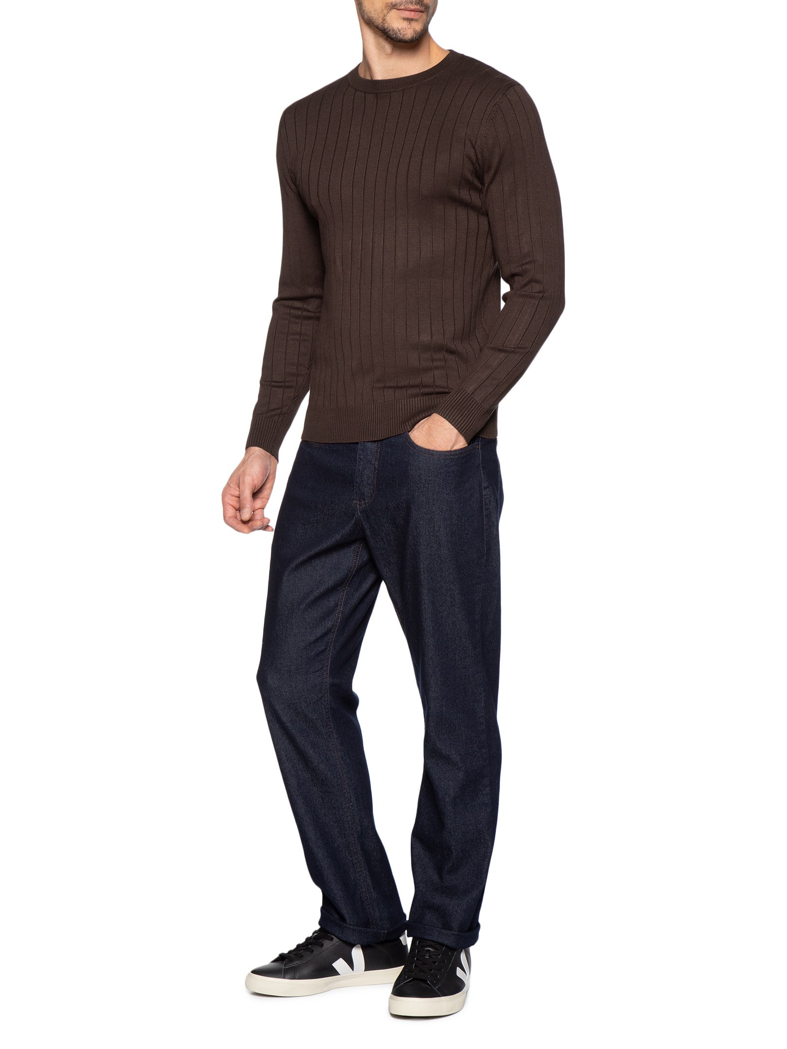 Suéter Tricot Masculino Com Textura Marrom Basiq Men