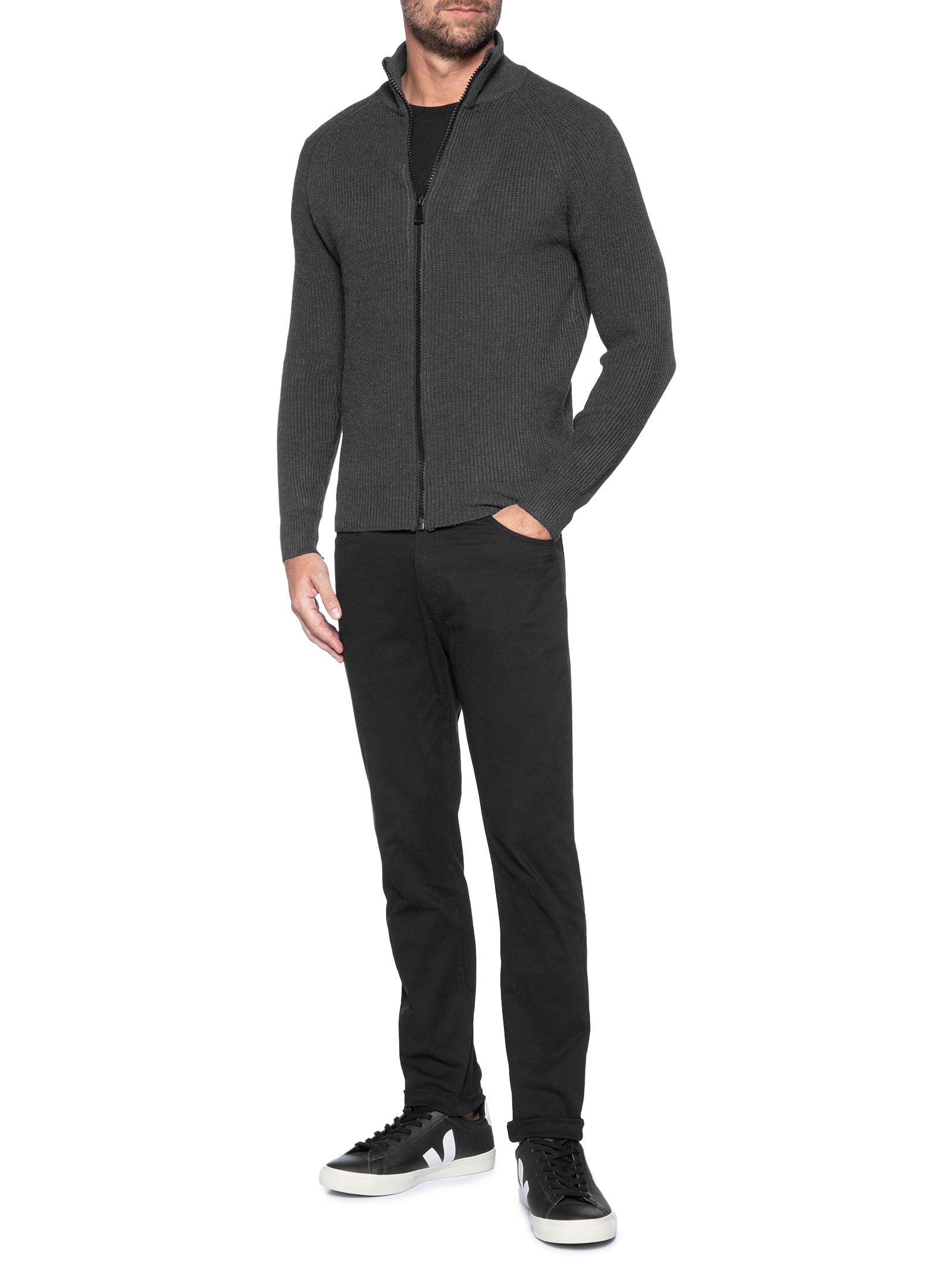 Suéter Tricot Masculino Gola Alta Com Zíper Cinza Basiq Men