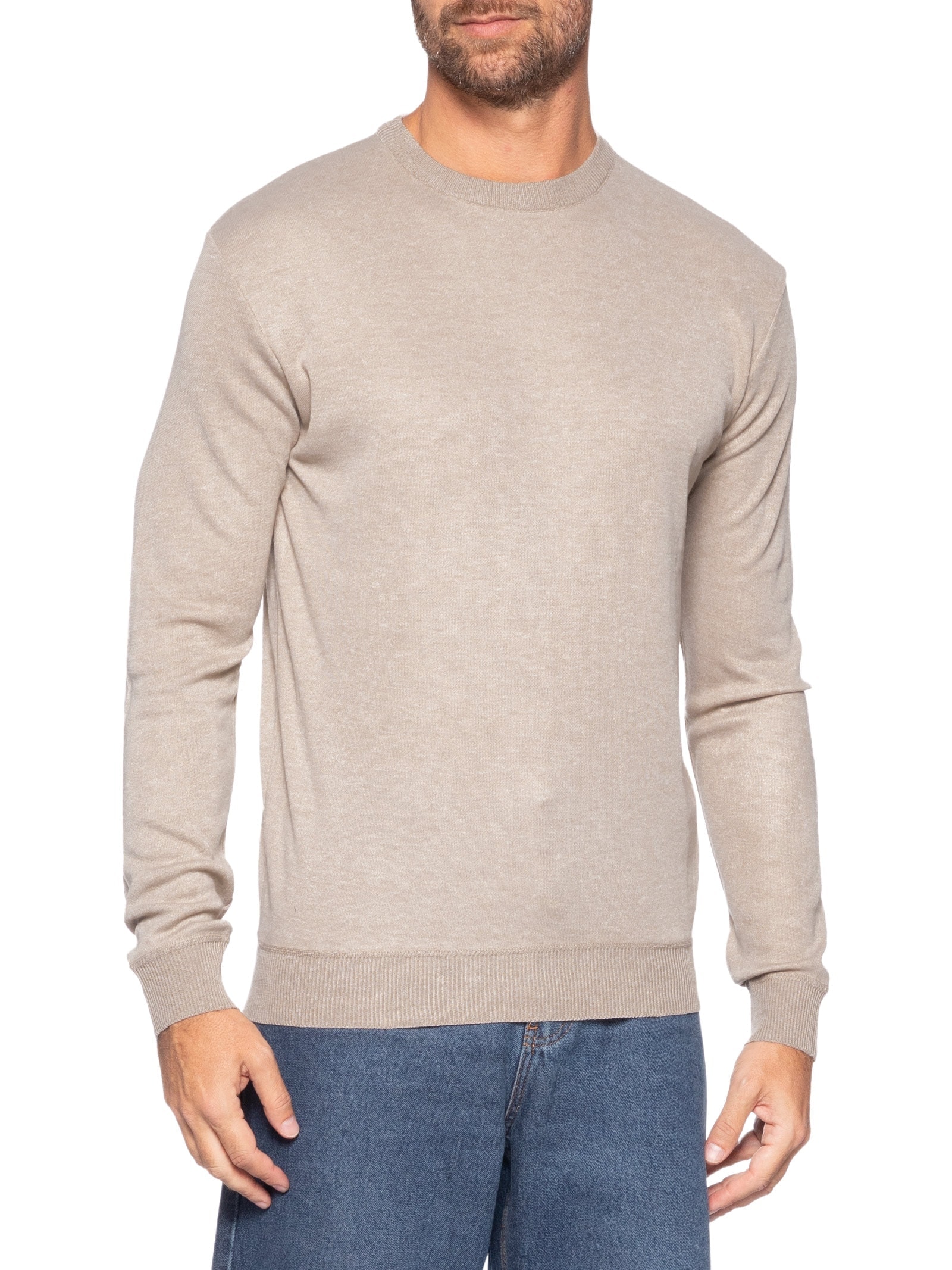 Suéter Tricot Masculino Gola Redonda Bege Basiq Men