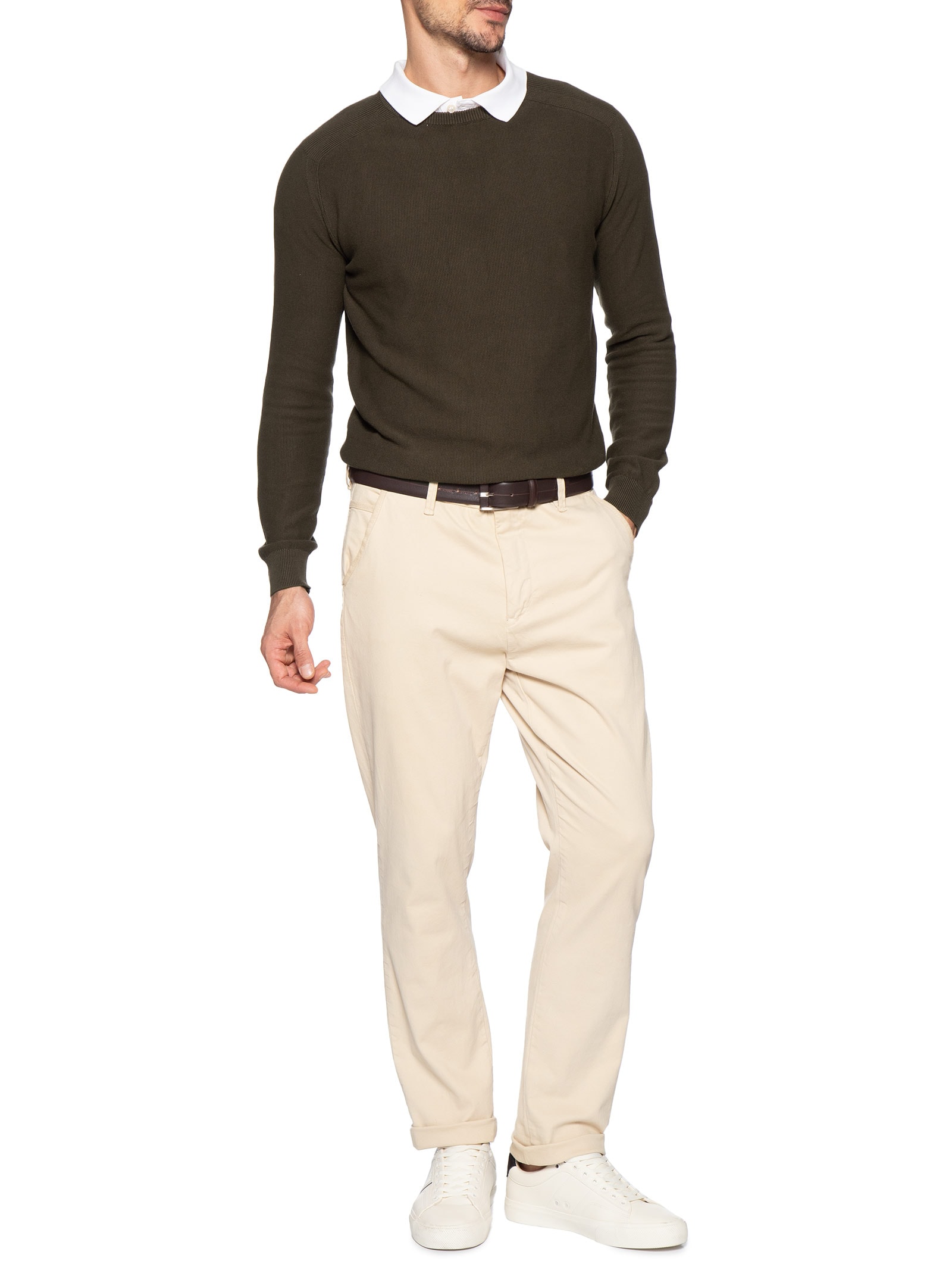 Suéter Tricot Masculino Gola Redonda Det Ombro Marrom '2 Essential