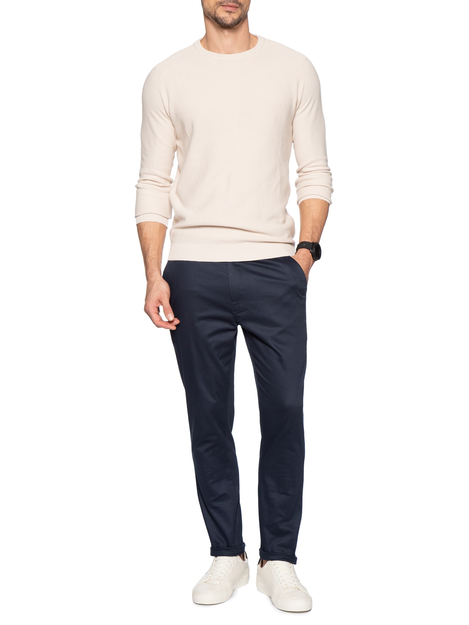 Suéter Tricot Masculino Gola Redonda Det Ombro Off White '2 Essential