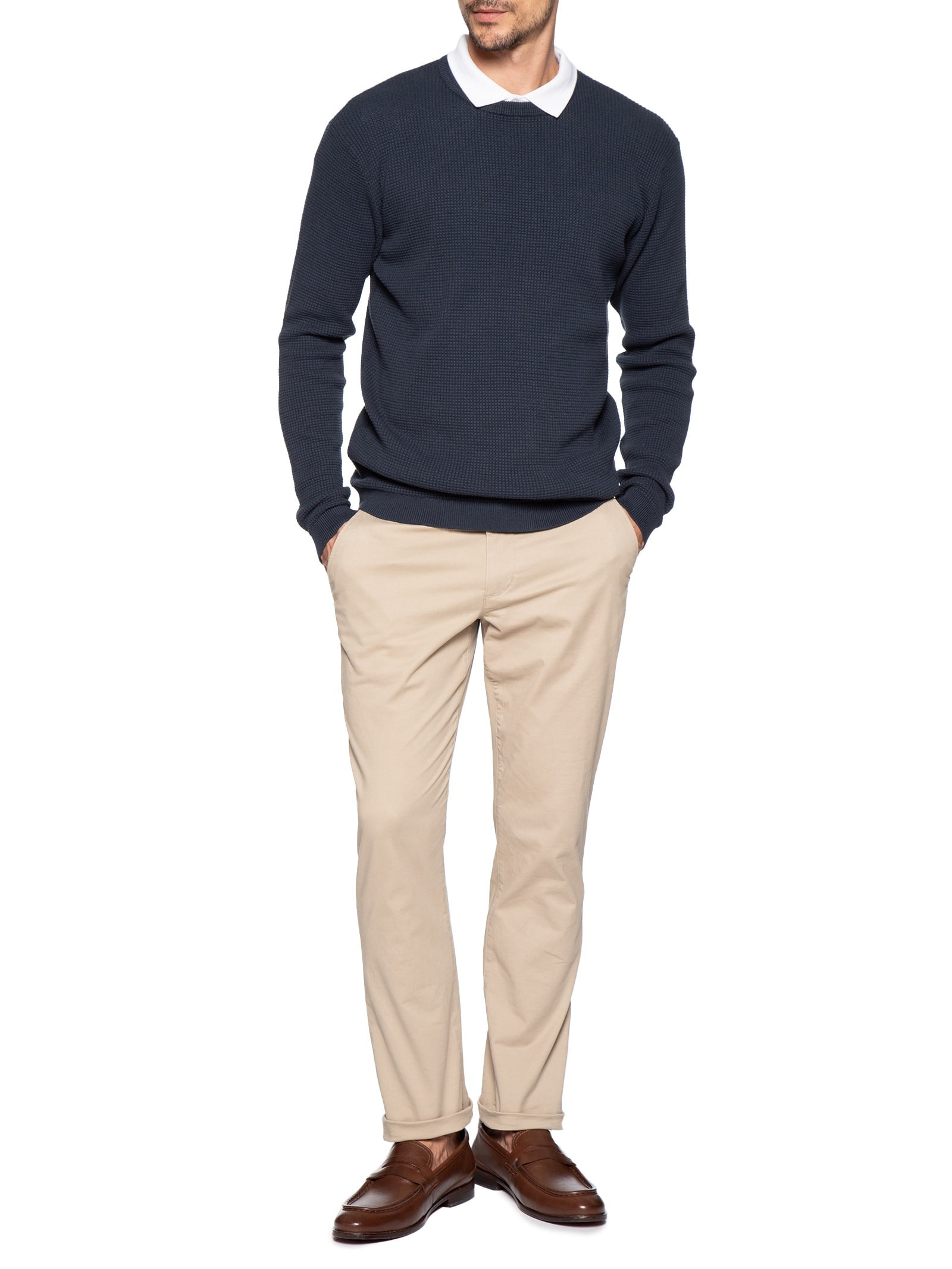 Suéter Tricot Masculino Gola Redonda Texturizada Azul '2 Essential