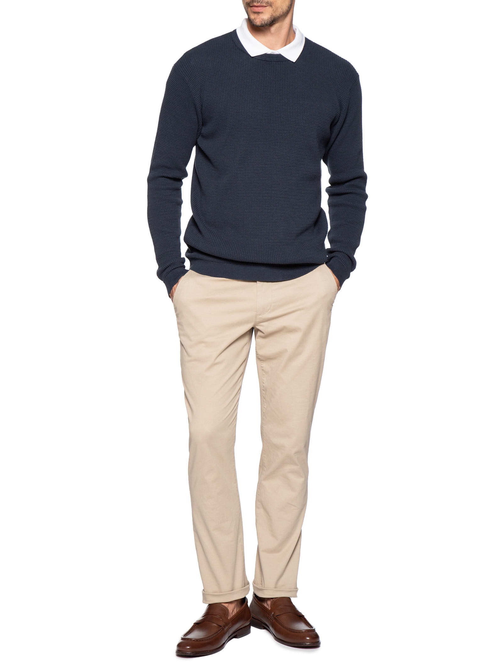 Suéter Tricot Masculino Gola Redonda Texturizada Azul '2 Essential