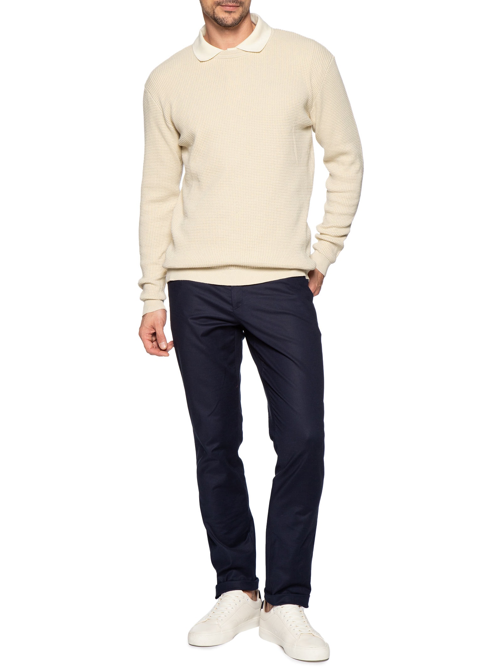 Suéter Tricot Masculino Gola Redonda Texturizada Bege '2 Essential