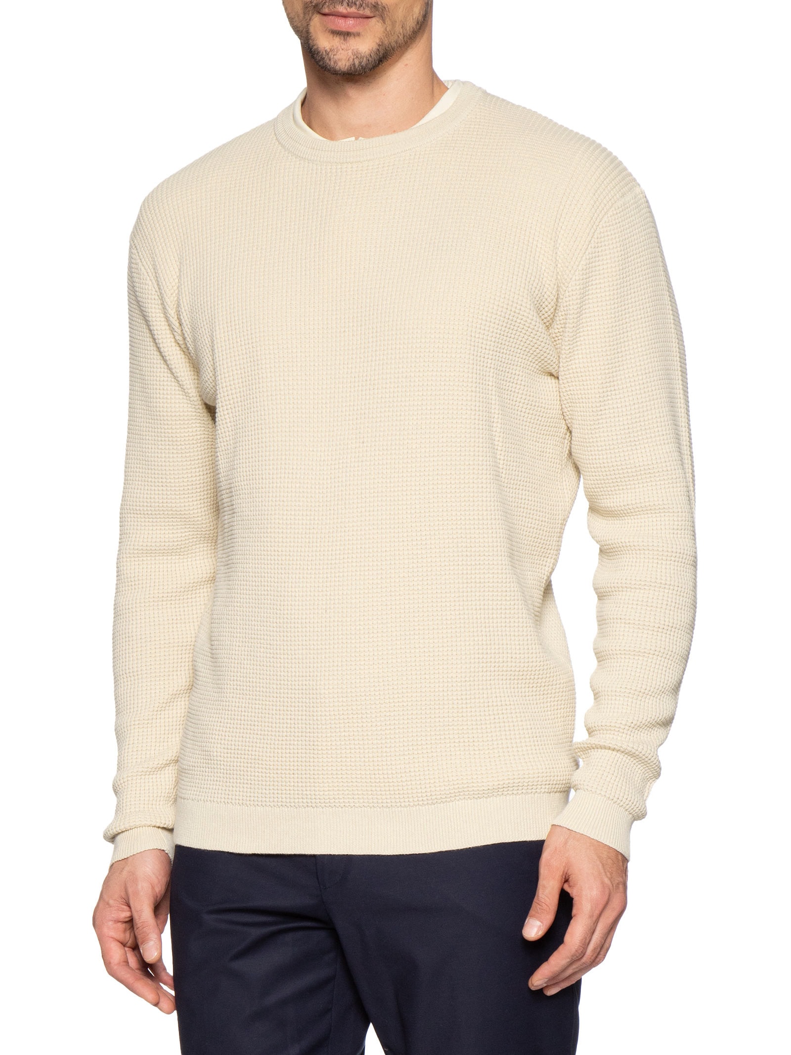 Suéter Tricot Masculino Gola Redonda Texturizada Bege '2 Essential