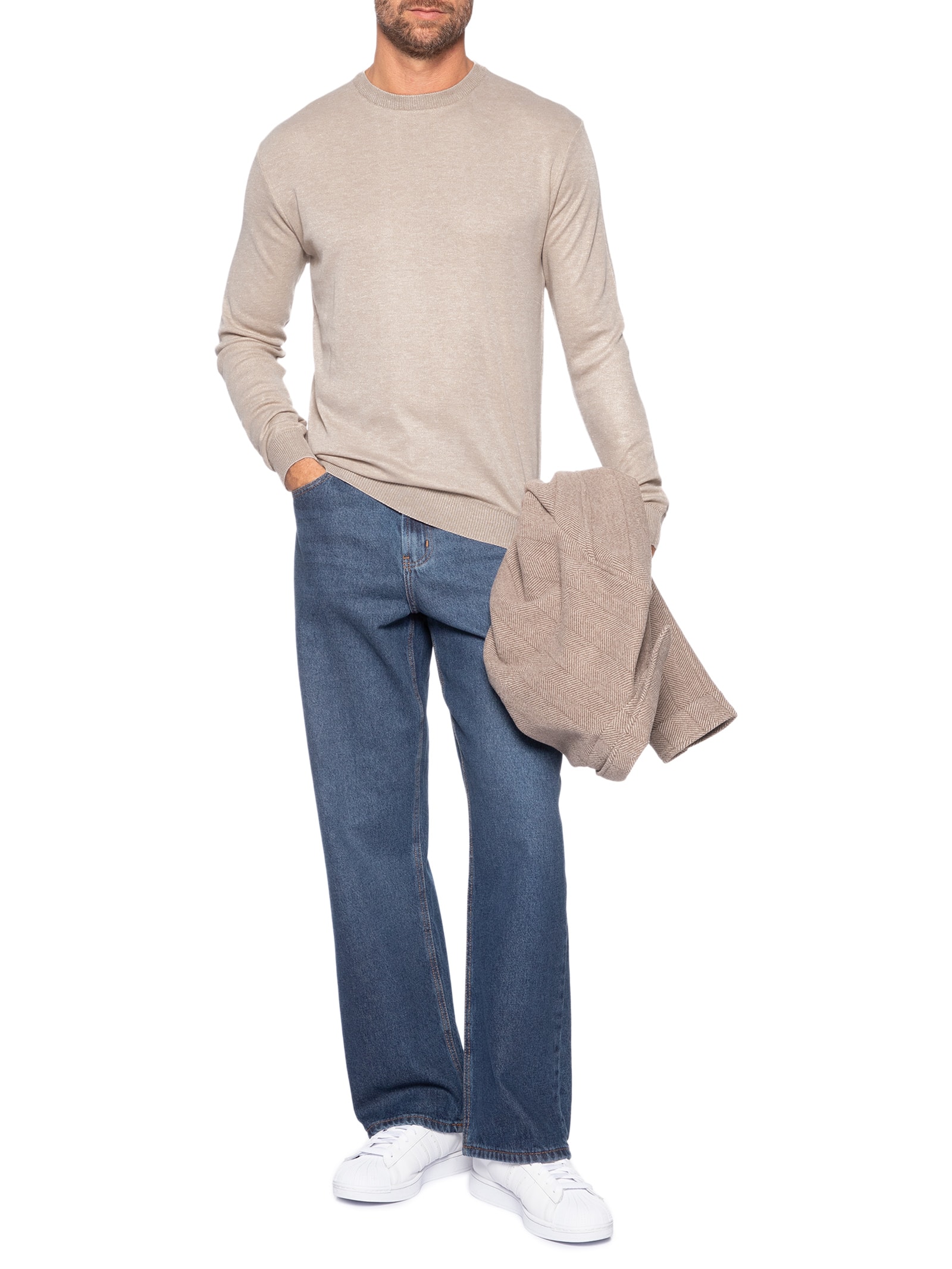 Suéter Tricot Masculino Gola Redonda – Bege Basiq Men