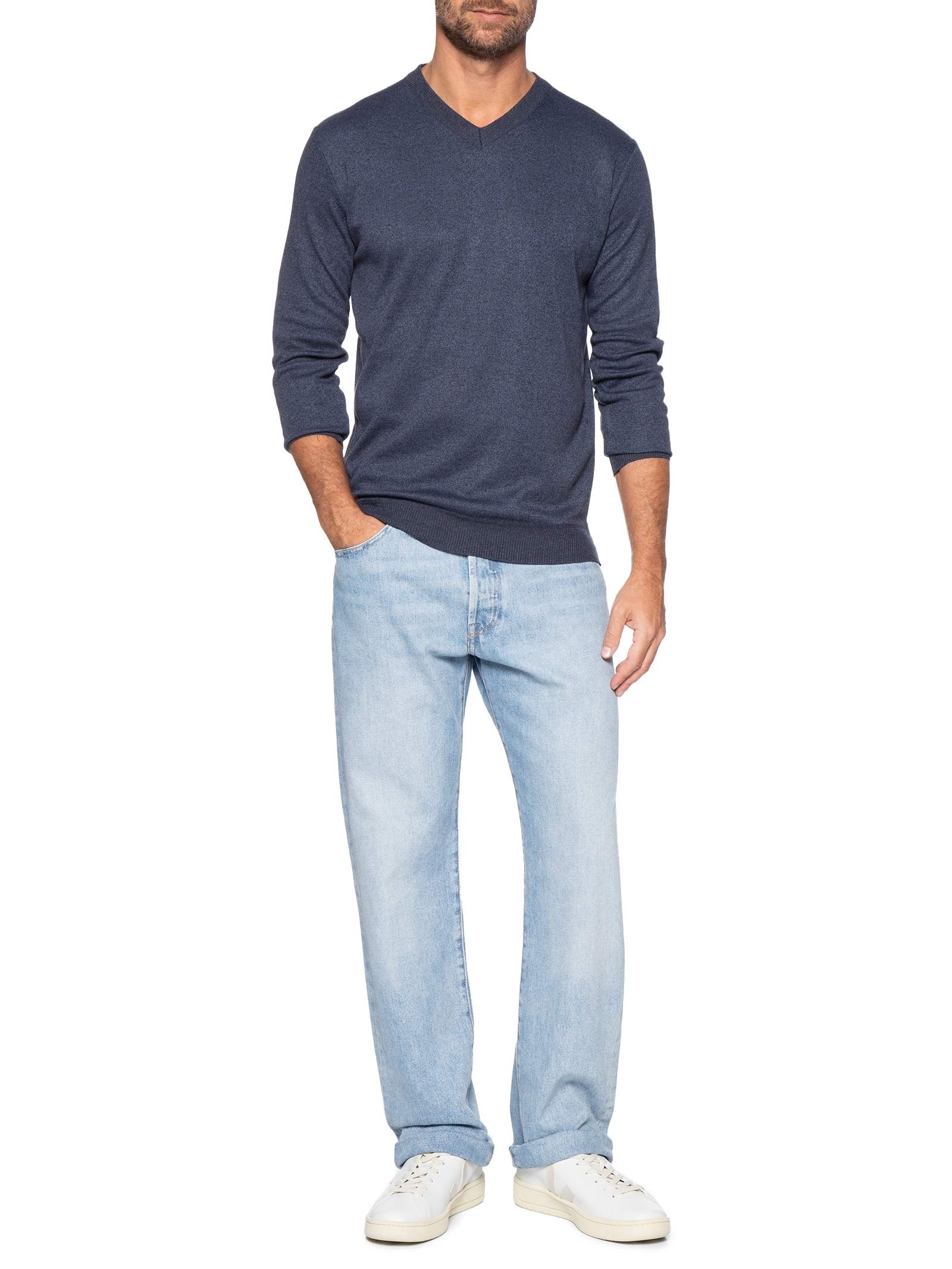 Suéter Tricot Masculino Gola V Básico Azul Basiq Men